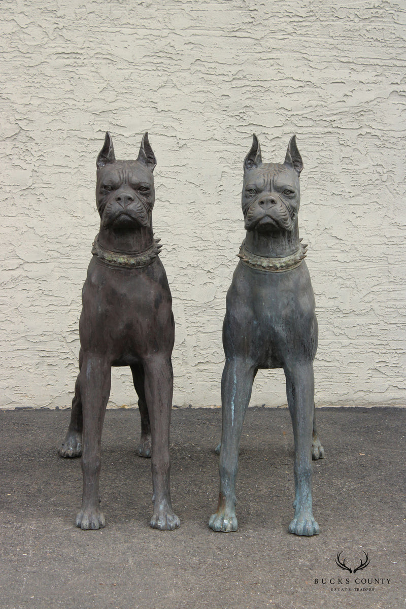 Large Pair of Patinated Bronze Boxer Dogs Garden Statues