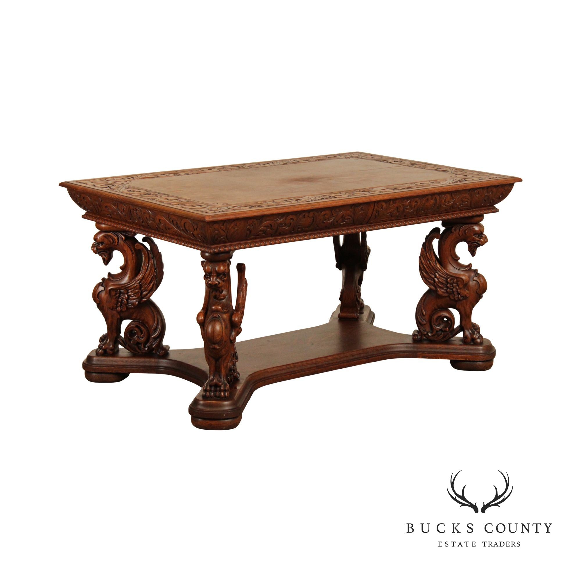 RJ Horner Antique Renaissance Revival Griffin Carved Oak Writing Desk or Library Table