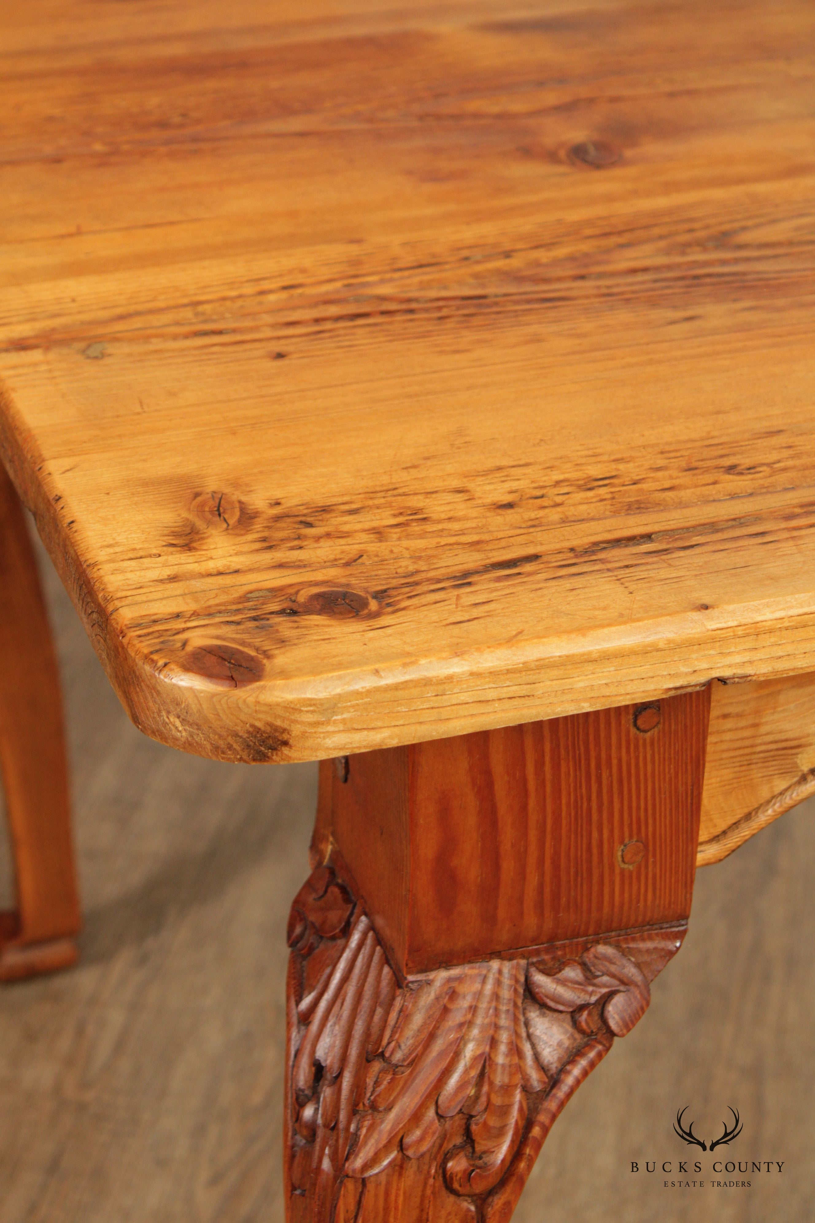 French Country Farmhouse Style Pine Carved Dining Table