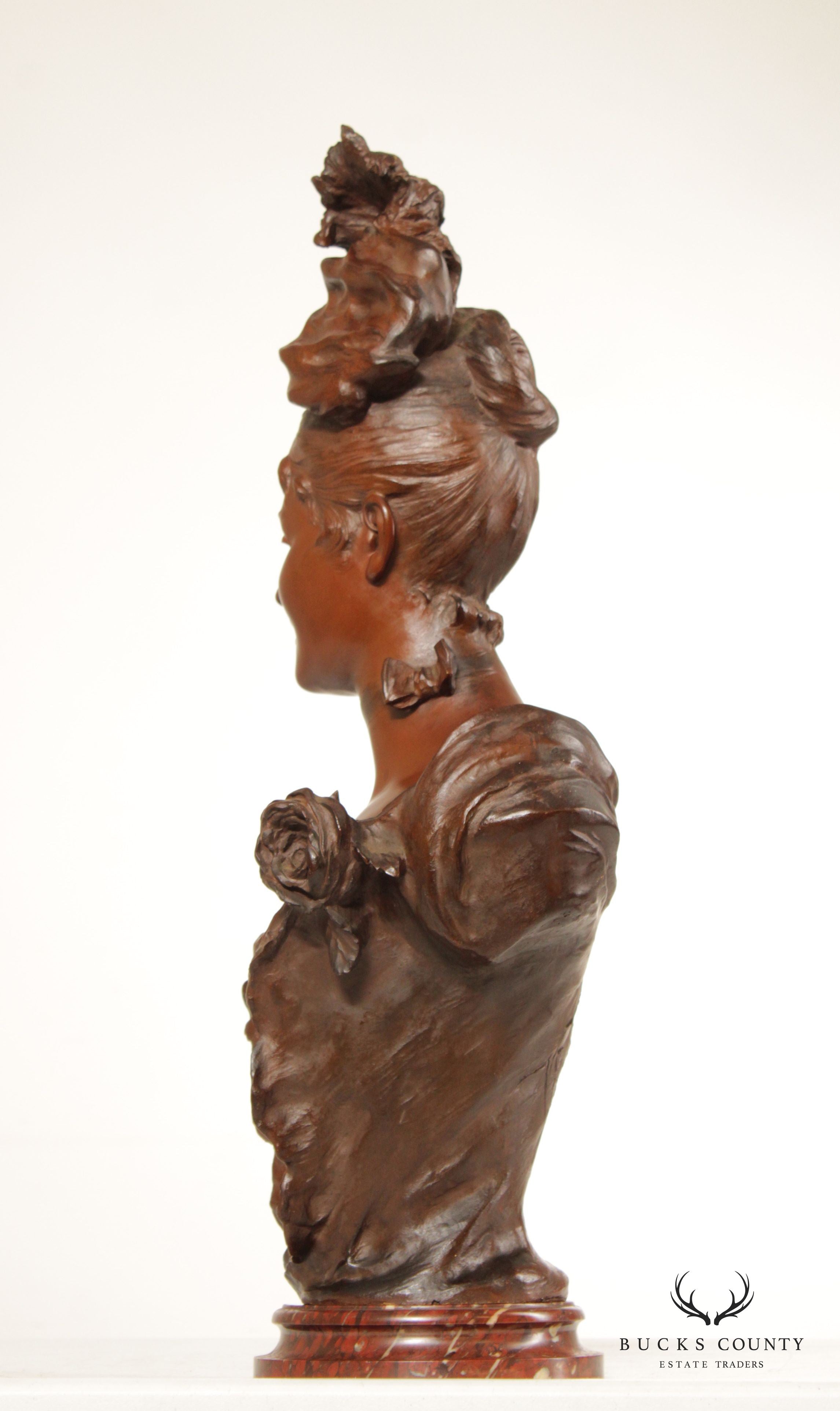 French Art Nouveau Bronze Female Bust Sculpture, After Victor Bruyneel