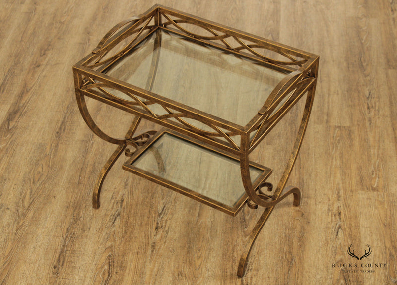 Hollywood Regency Style Wrought Iron and Glass Two Tier Side Table