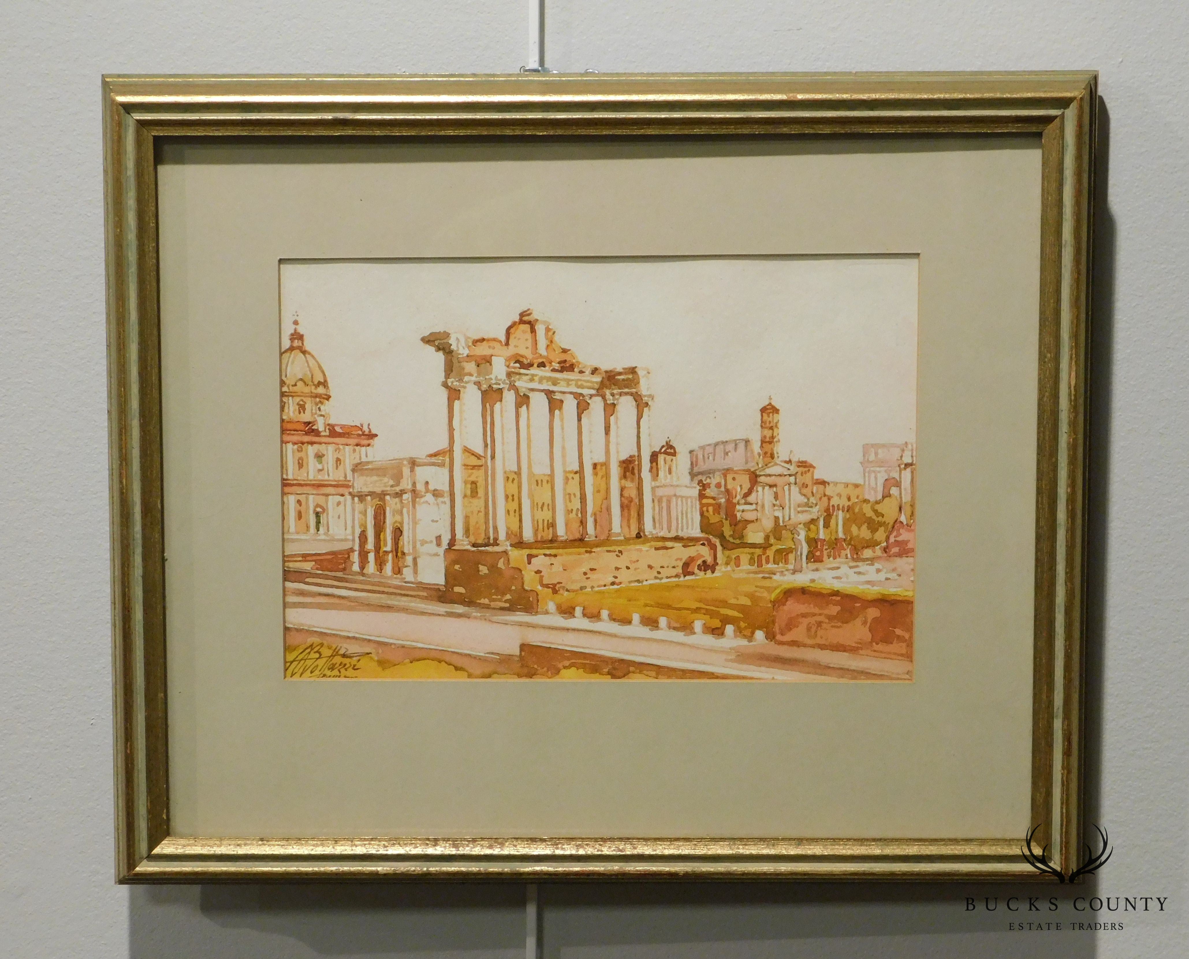 Vintage Roman Ruins Watercolor Painting Signed Bollazzi