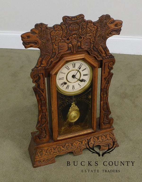 New Haven Antique Lion Carved Oak Gingerbread Kitchen Clock
