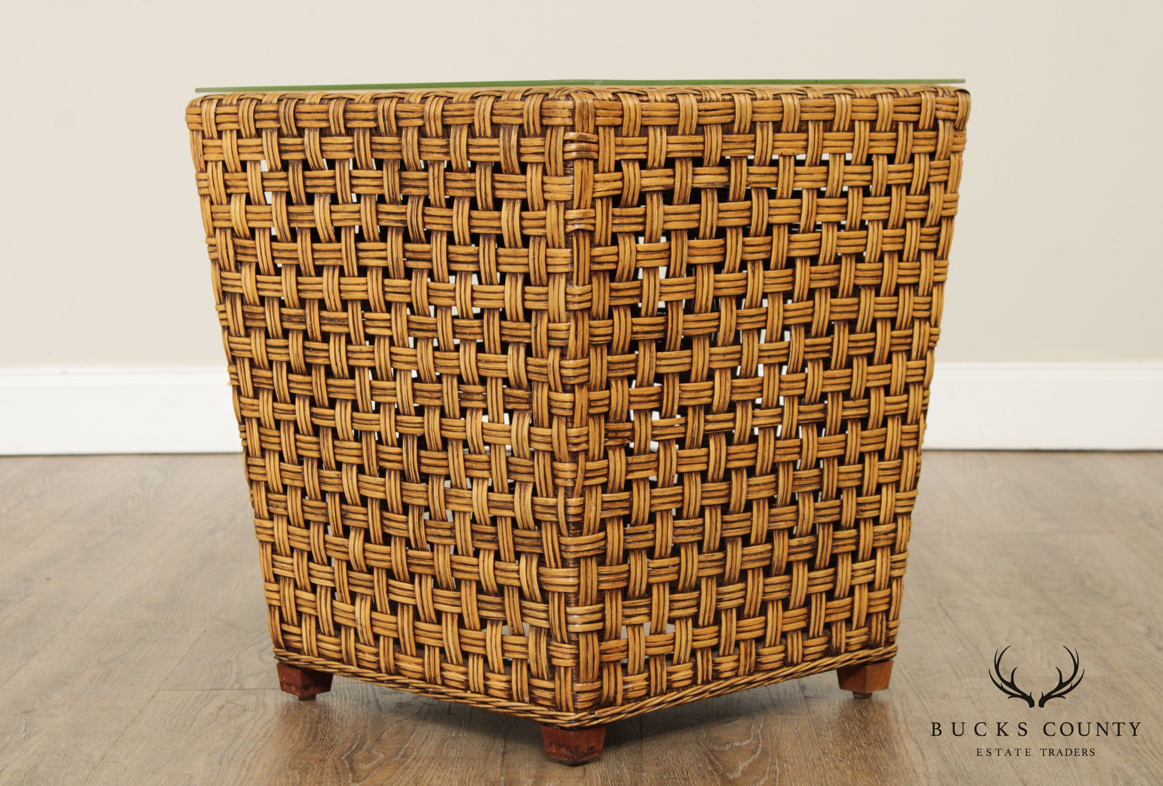 Vintage Woven Wicker Square Glass Top Side Table