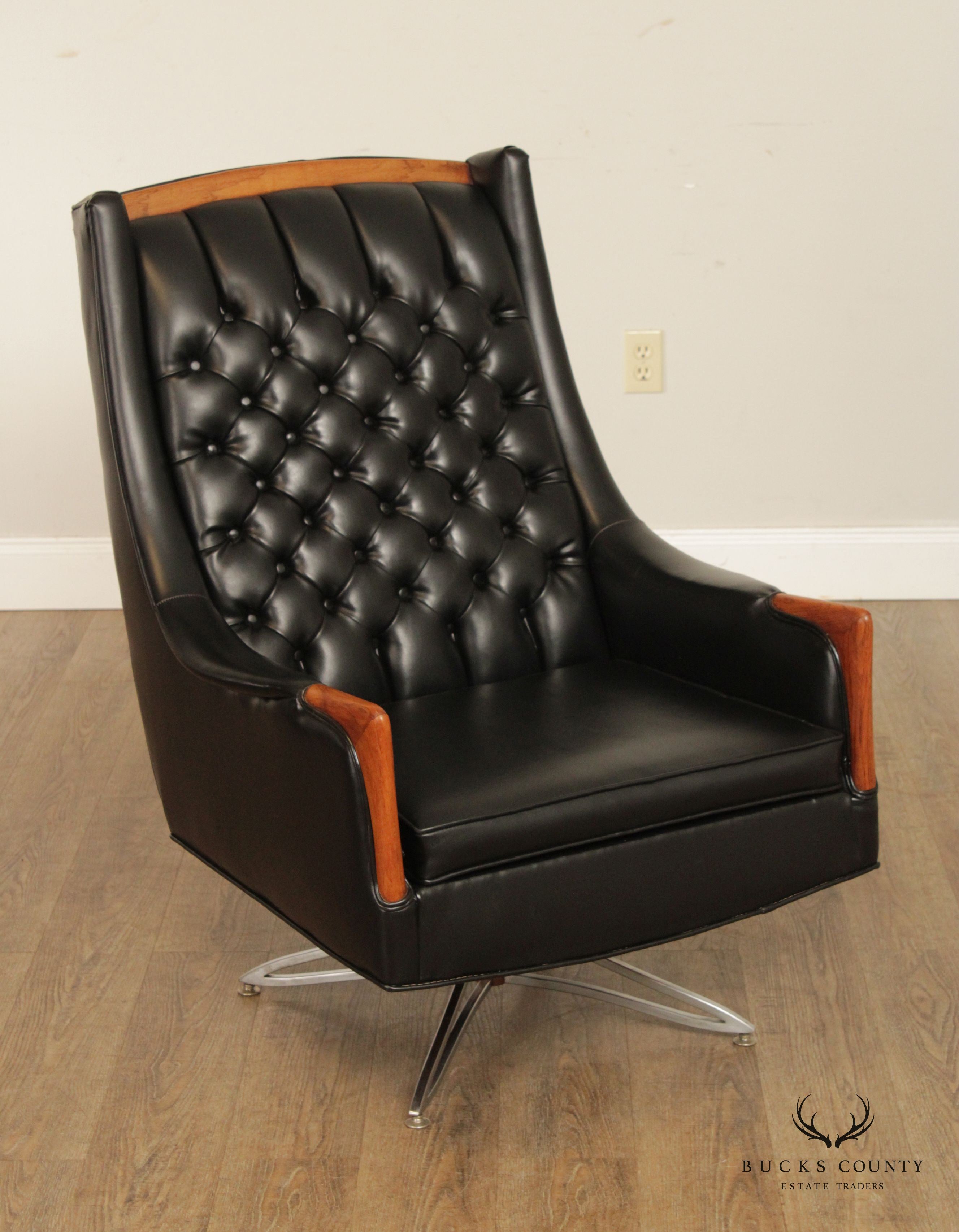 Kroehler Midcentury Modern Black Tufted Swivel Lounge Chair and Ottoman