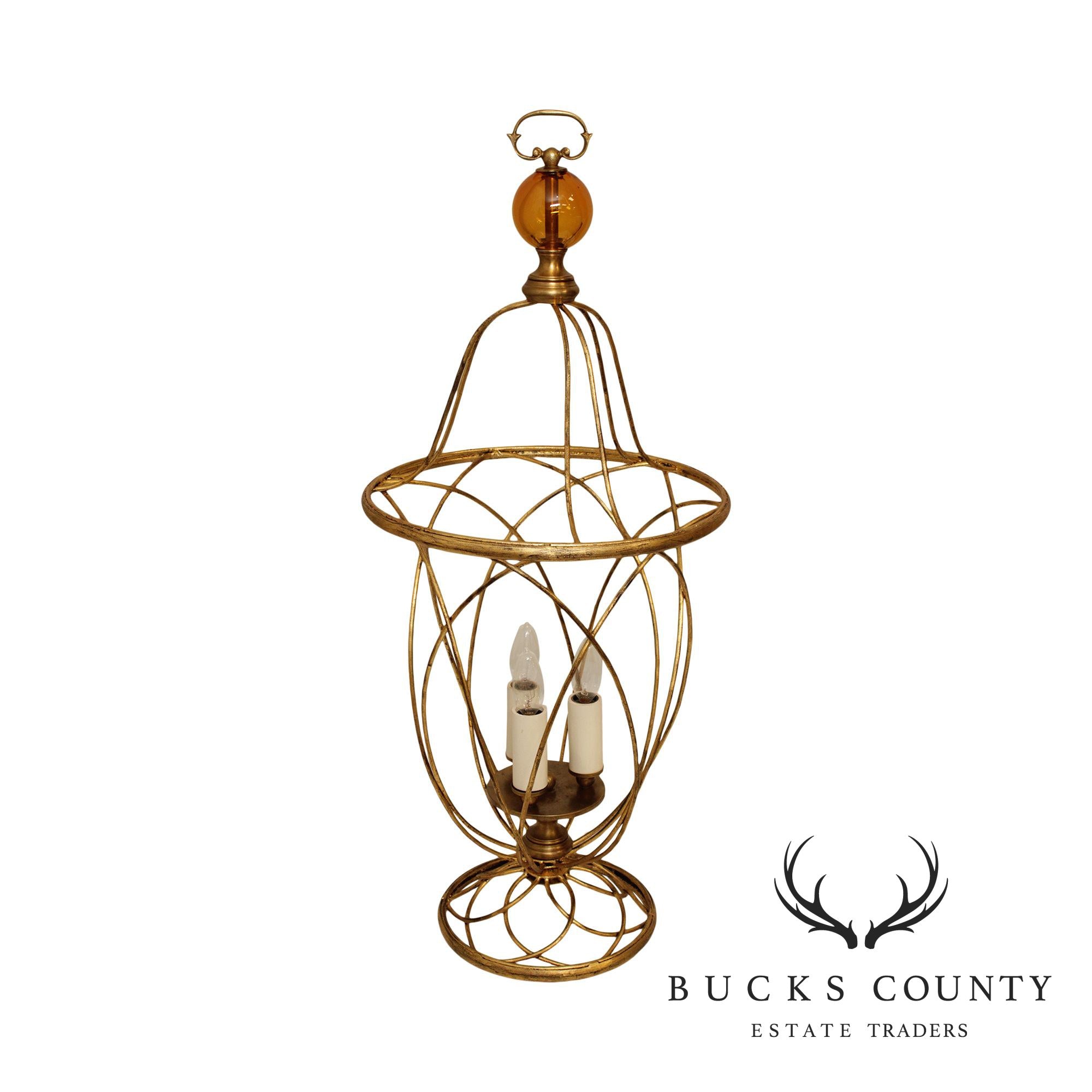 Italian Hollywood Regency Gilt Metal & Amber Crystal Lantern Light