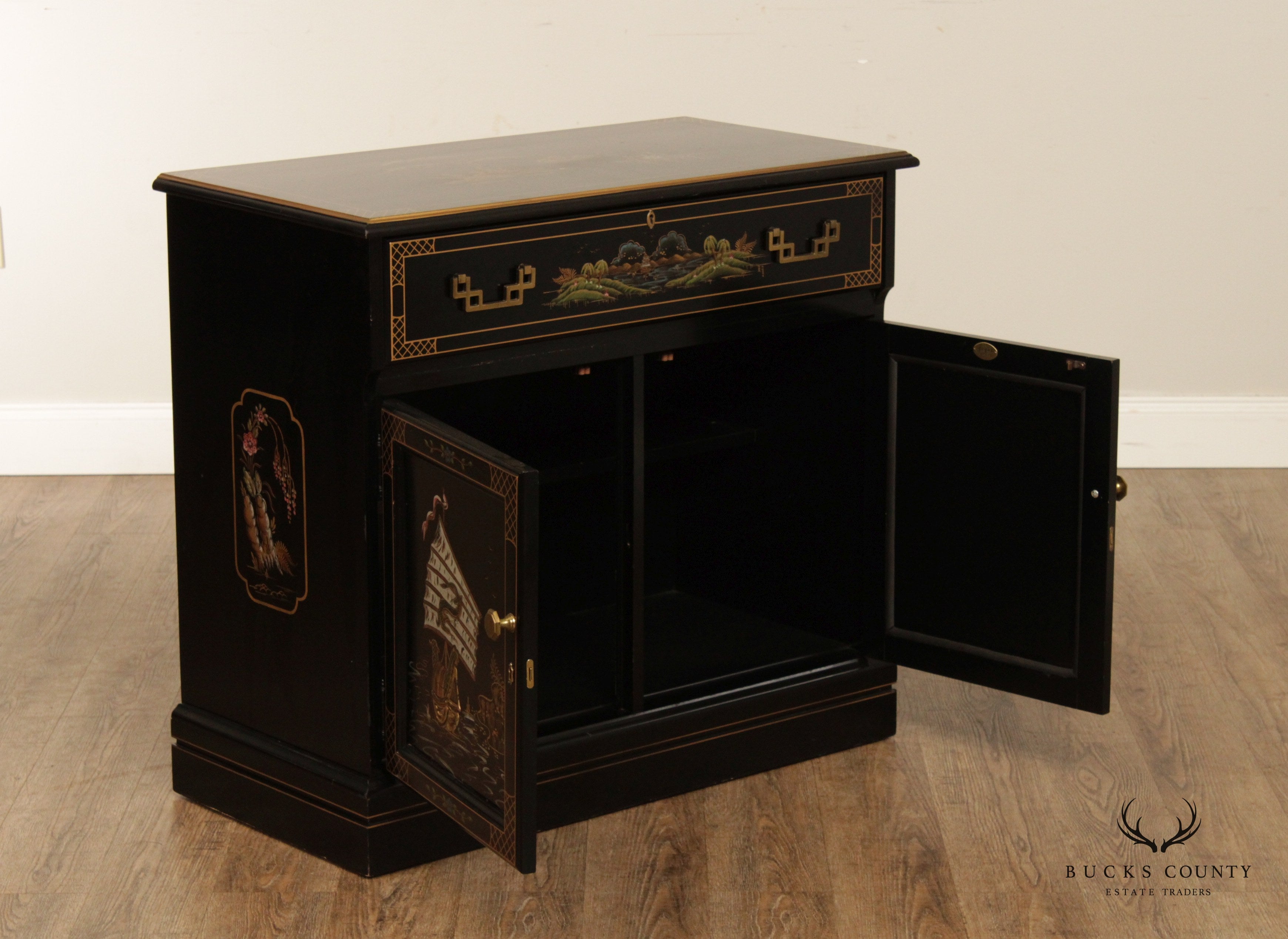 Jasper Chinoiserie Black Lacquer Liquor Bar Serving Cabinet