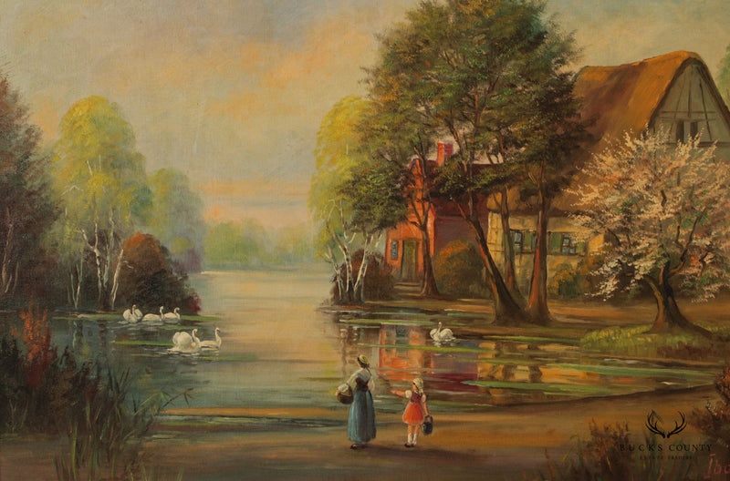 Vintage 20th C. Cottage on Lake Scene Oil Painting, Signed 'Ibaldi'