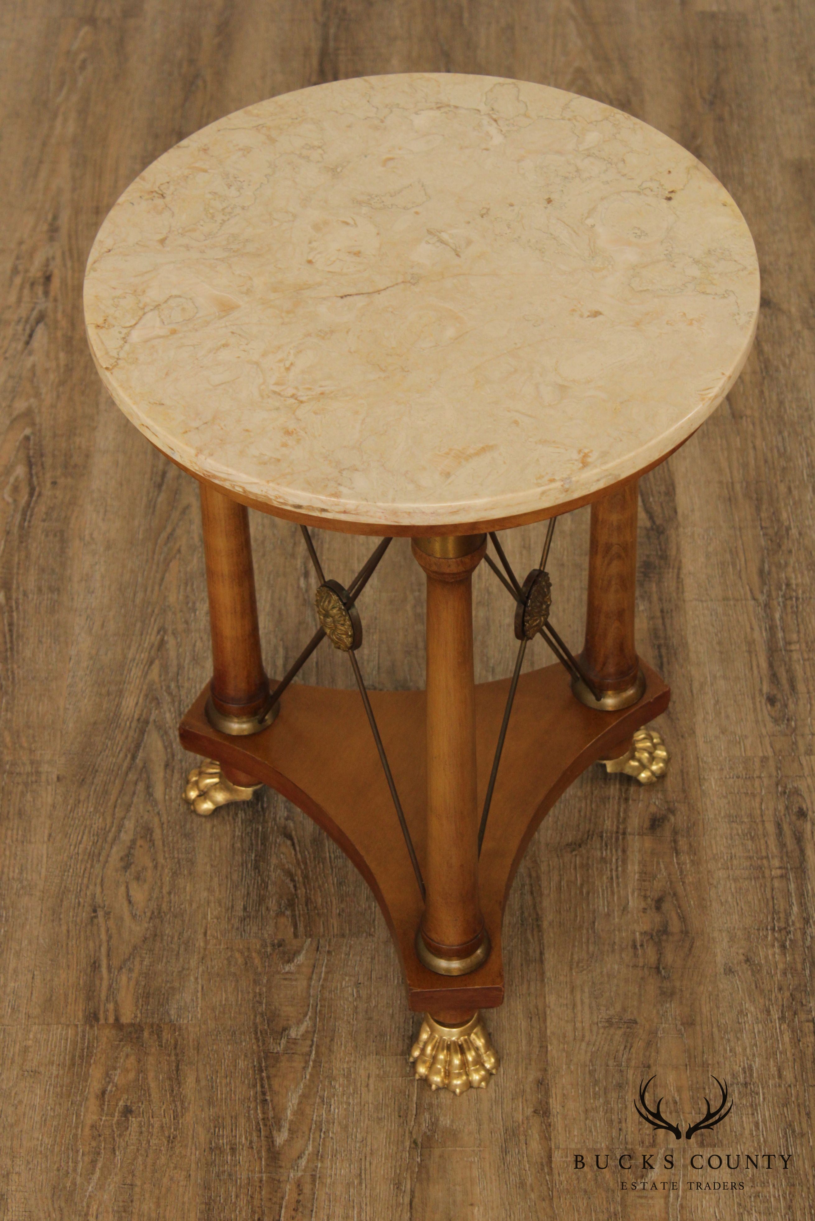 Neo Classical Style Vintage Round Marble Top Brass Footed Side Table