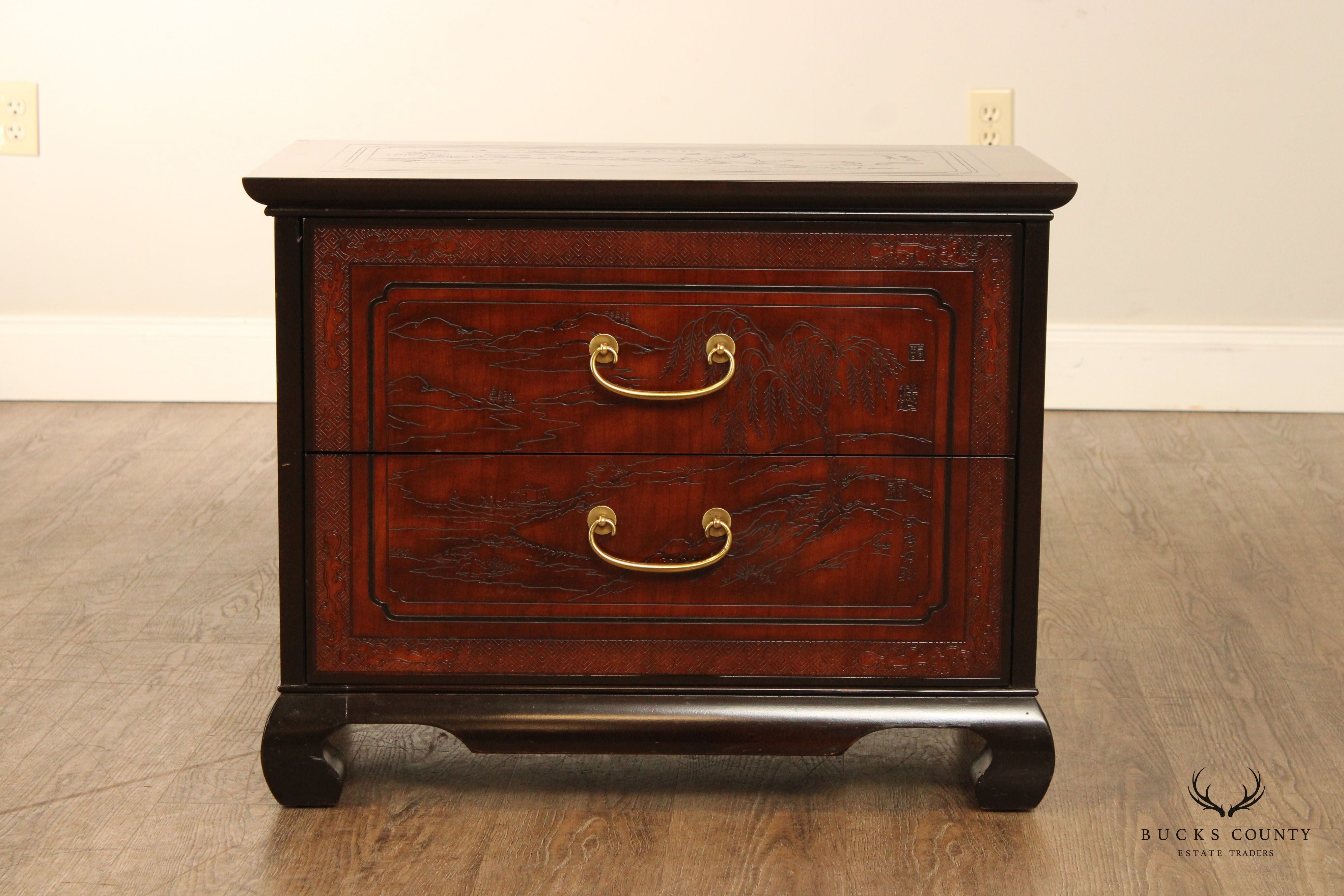 Drexel Heritage 'Conoisseur' Pair of Carved Mahogany Nightstands