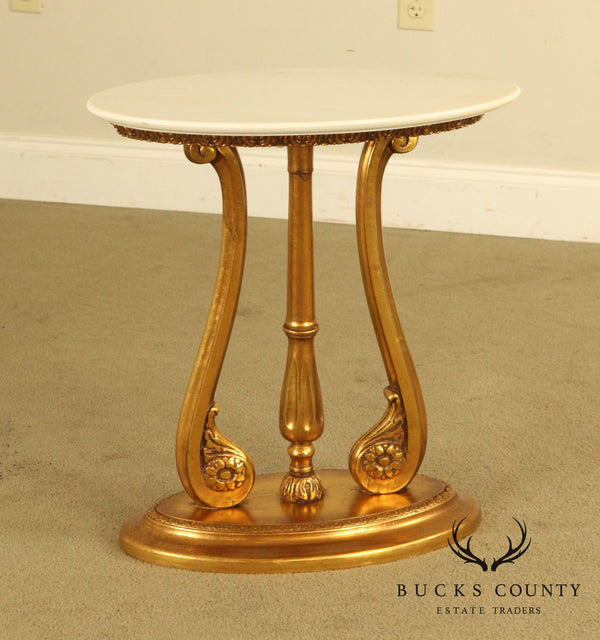 White Marble and Gilded Wood Hollywood Regency Petite Oval Side Table