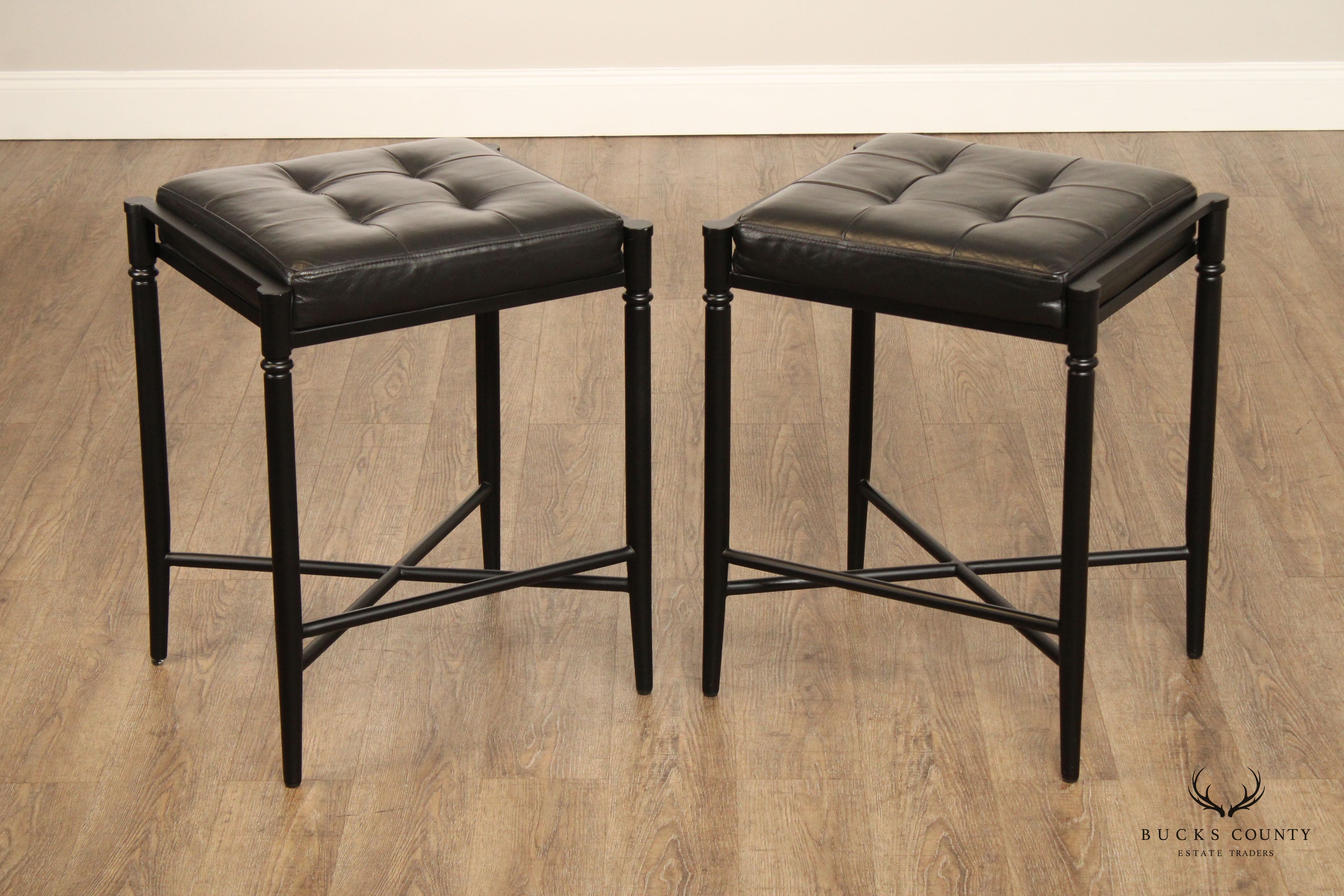 Frontgate Traditional Pair Of Metal and Tufted Leather Counter Stools