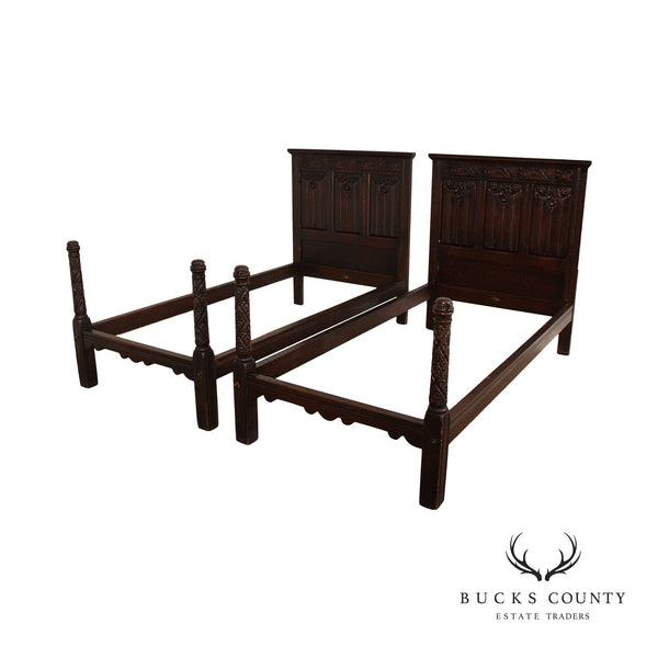 Shaw Furniture Co. Jacobean Revival Oak Pair Twin Beds