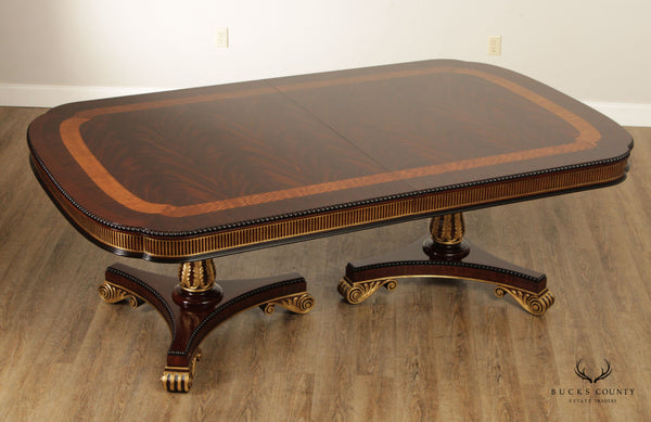 EJ VICTOR REGENCY STYLE BANDED MAHOGANY DOUBLE PEDESTAL EXTENDABLE DINING TABLE