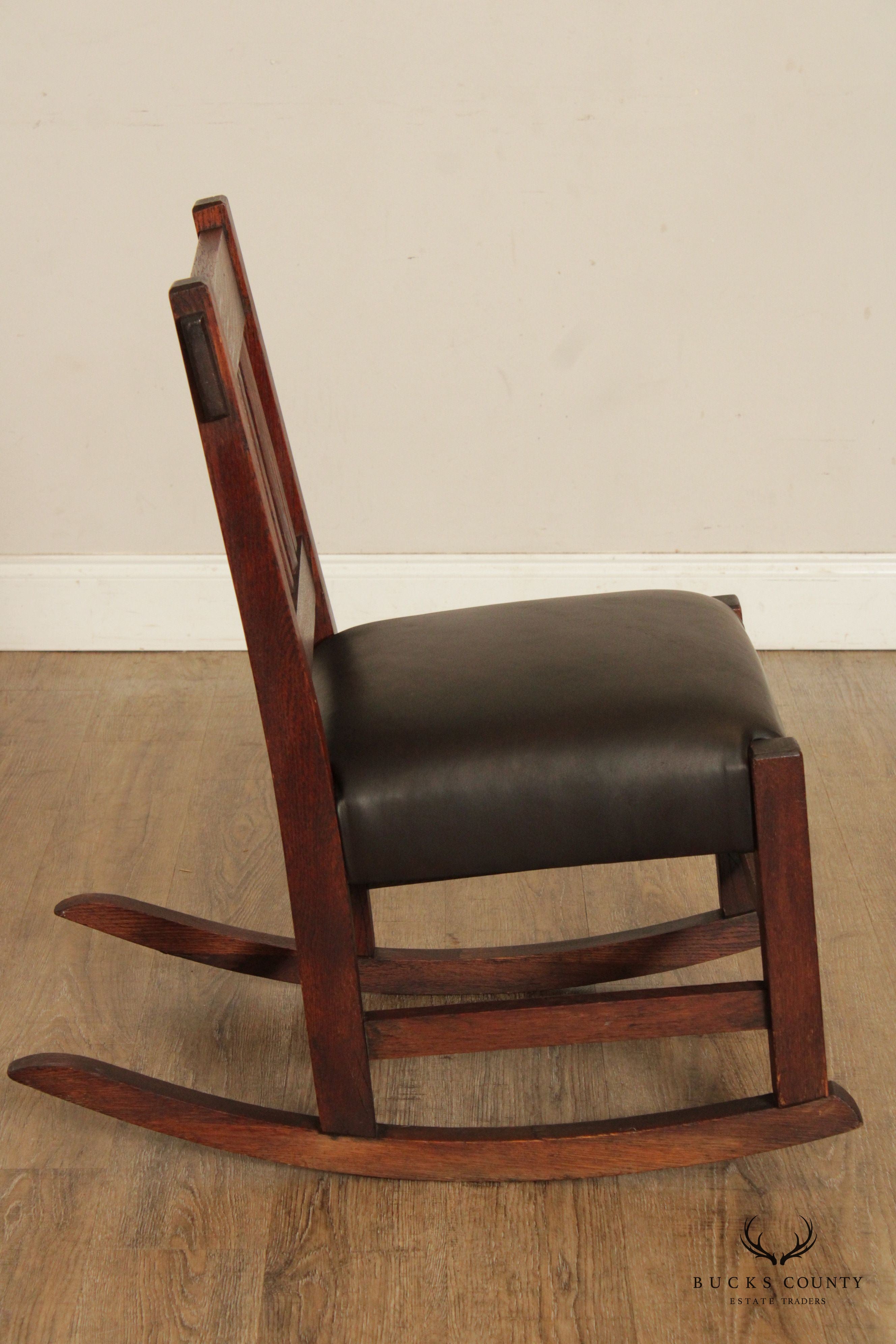 Antique Mission Oak And Leather Armless Rocker