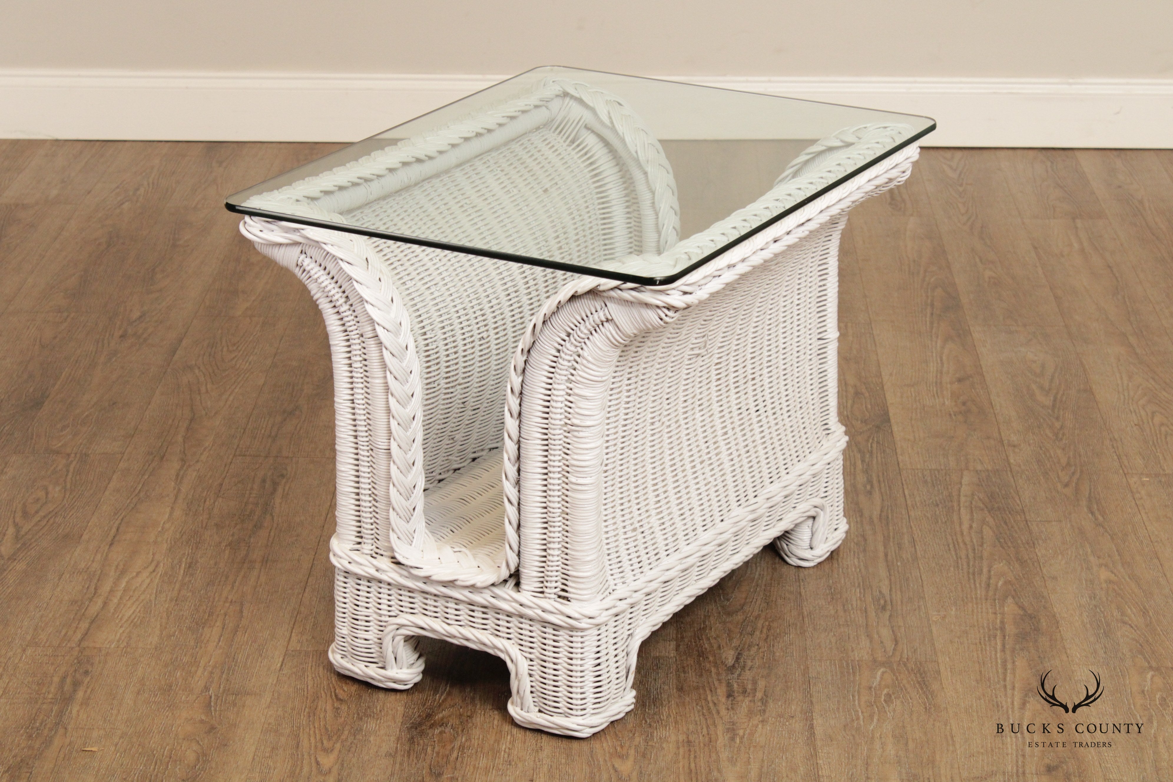 Henry Link Vintage White Wicker Glass Top Side Table