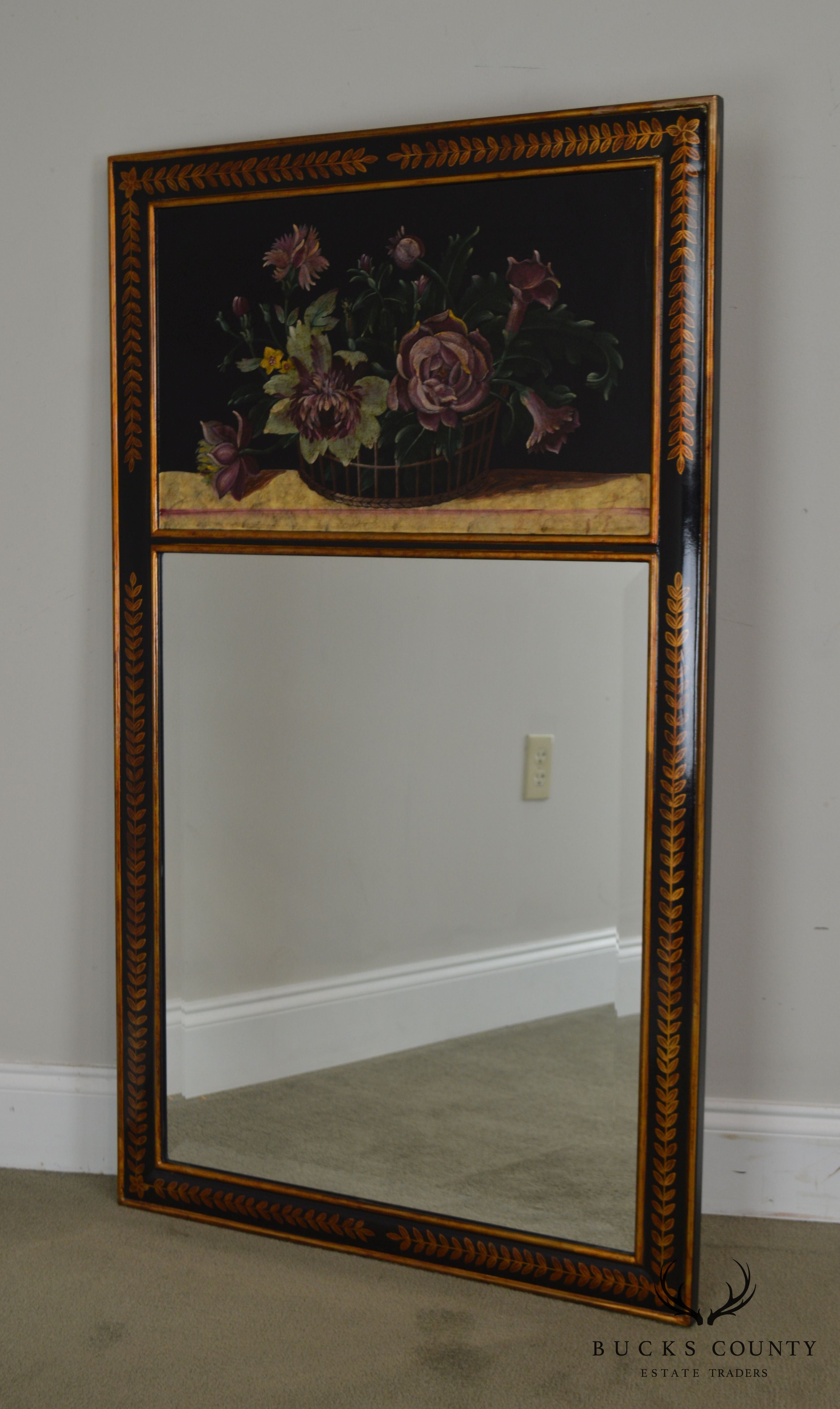 Quality Black & Gold Frame Trumeau Mirror with Hand Painted Flowers