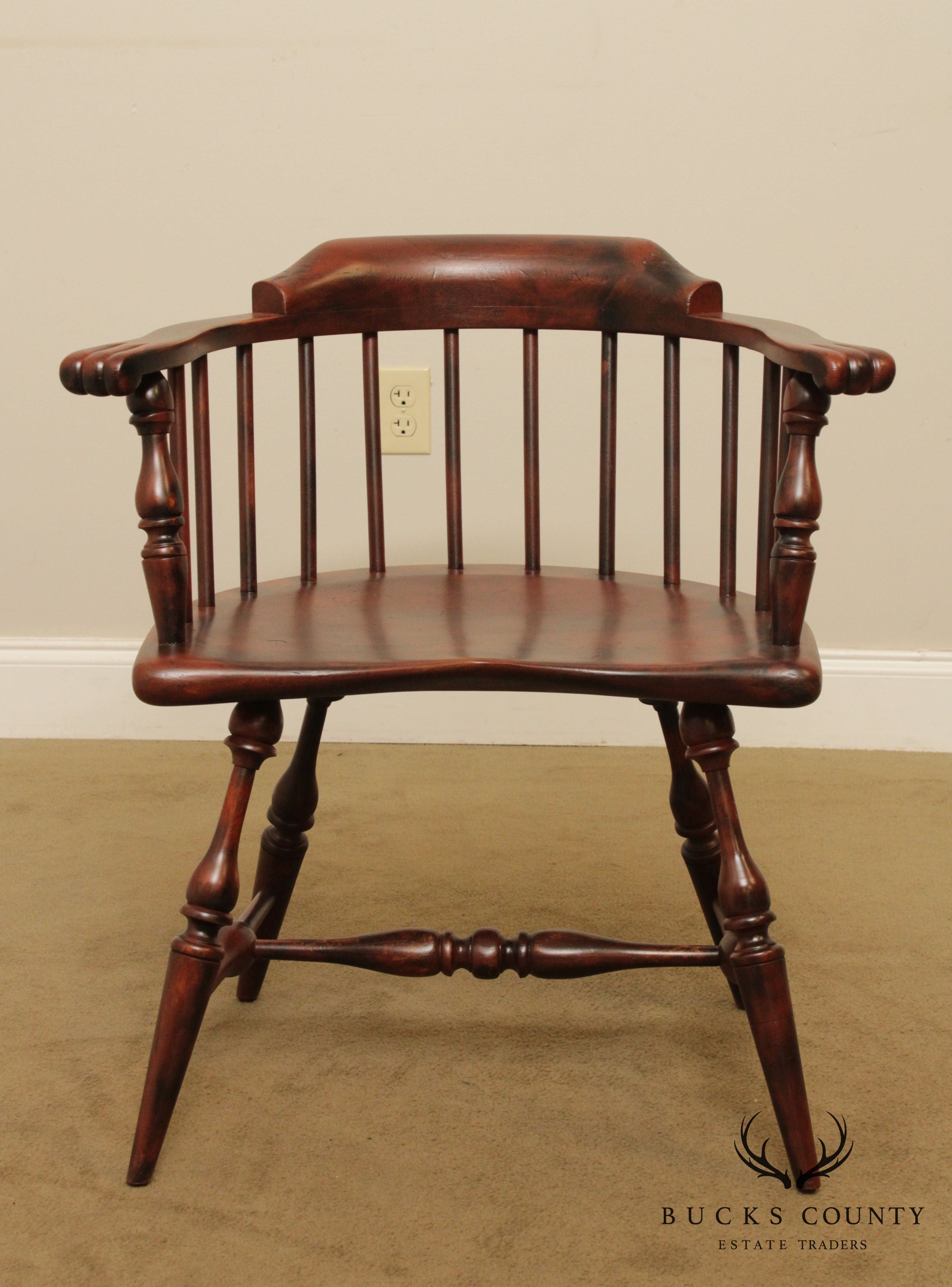 Duckloe Bros Vintage Distressed Finish Pair Low Back Windsor Armchairs