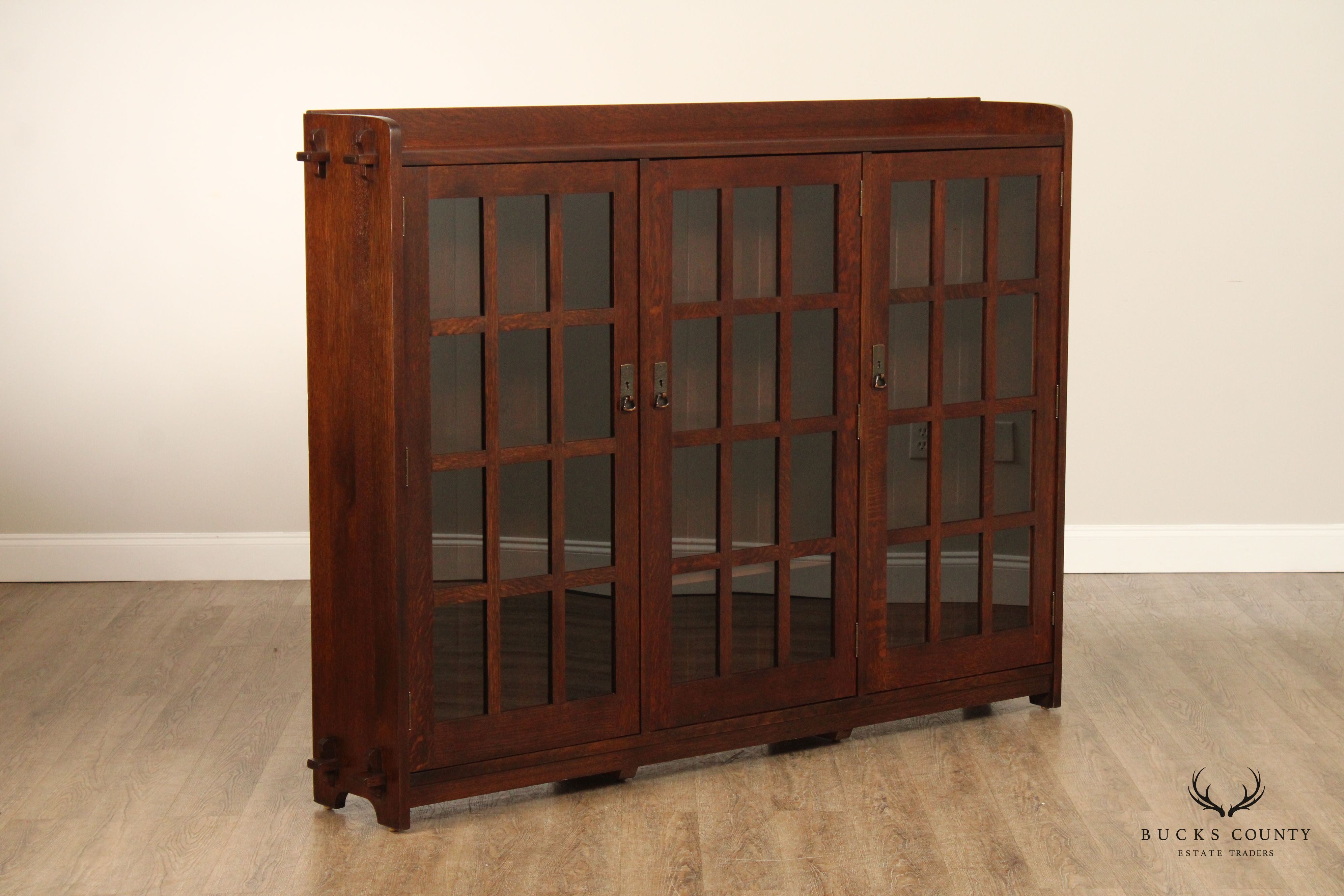 Stickley Mission Collection Oak Triple Bookcase with Glass Doors