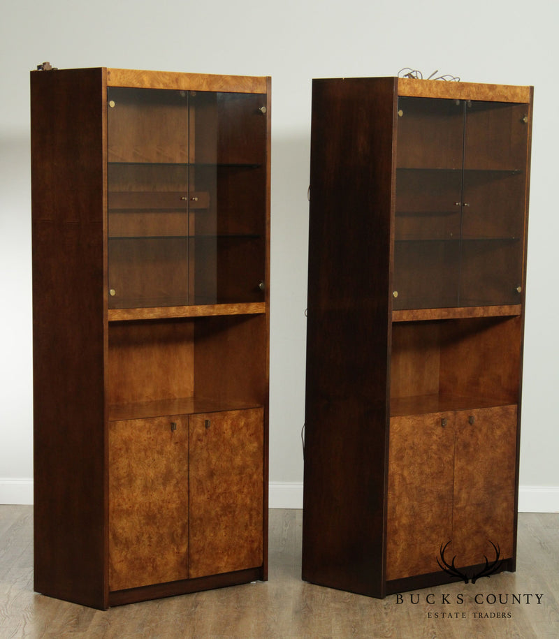 Mid Century Pair Burl Wood Glass Door Bookcase Display Cabinets
