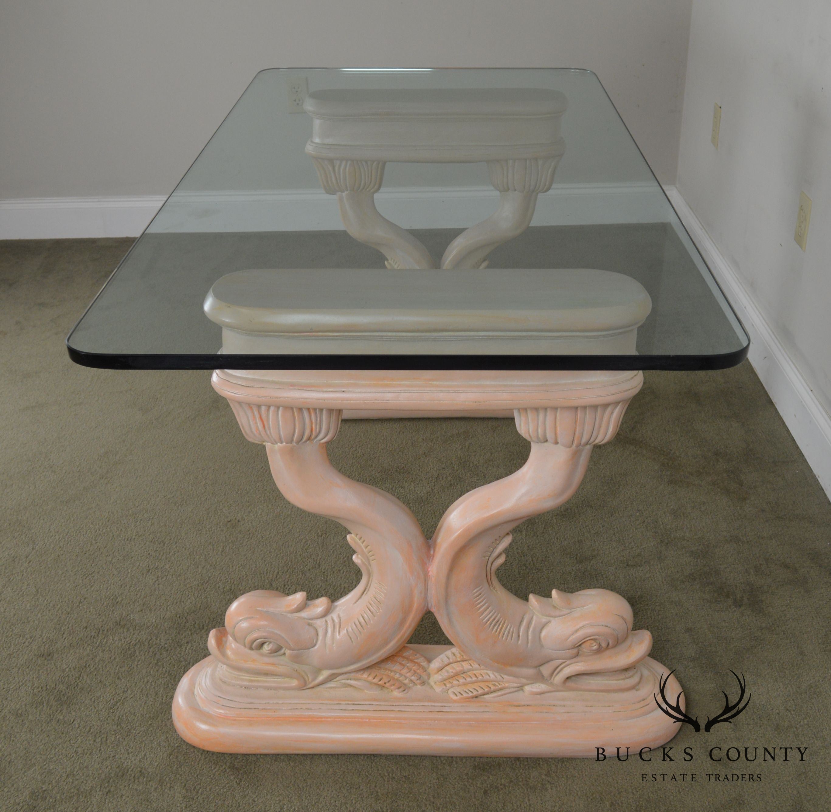 Hollywood Regency Style Vintage Carved Dolphin Base Glass Top Writing Desk