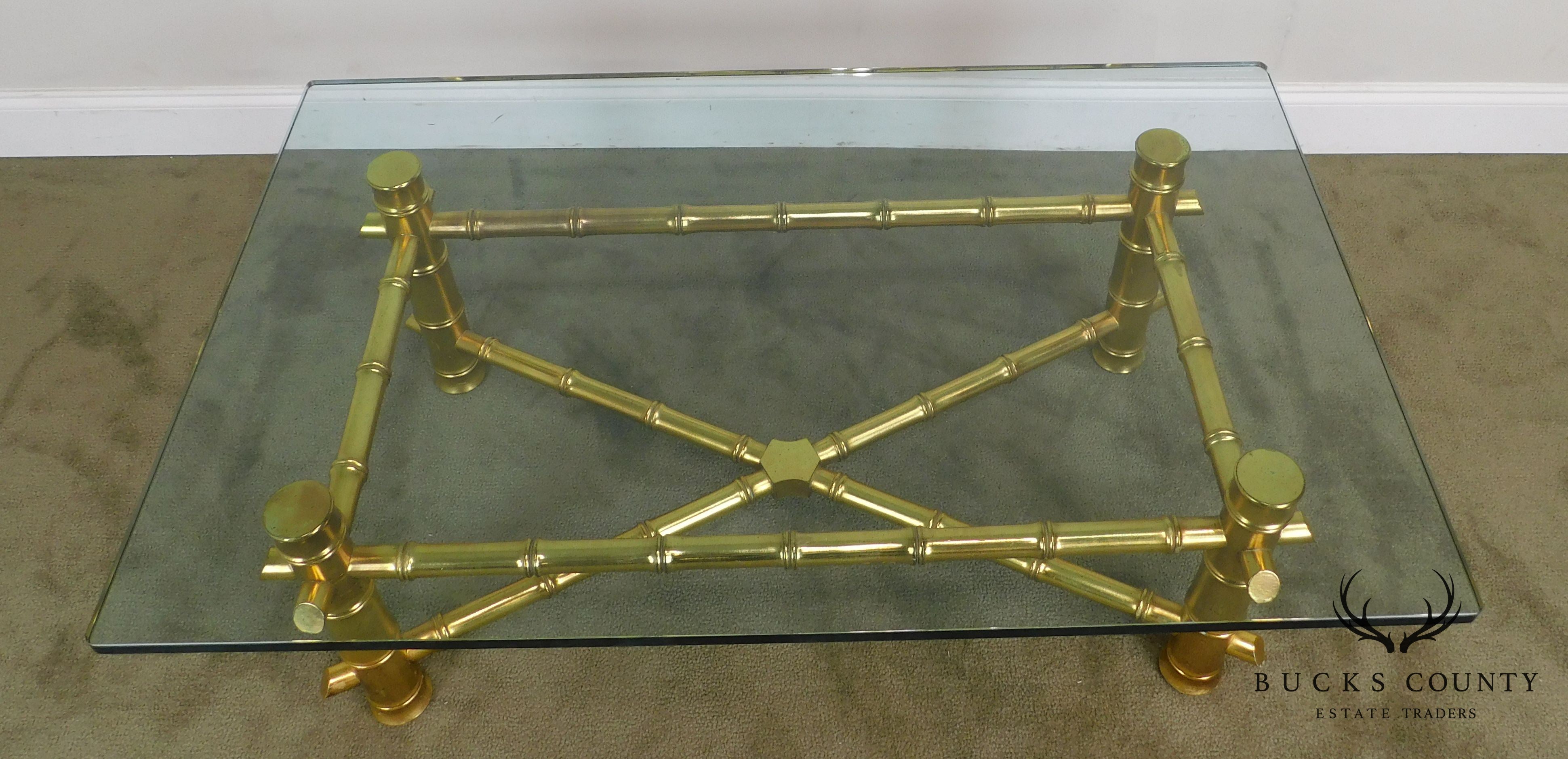 Hollywood Regency Faux Bamboo Gold Gilt Wood Glass Top Coffee Table