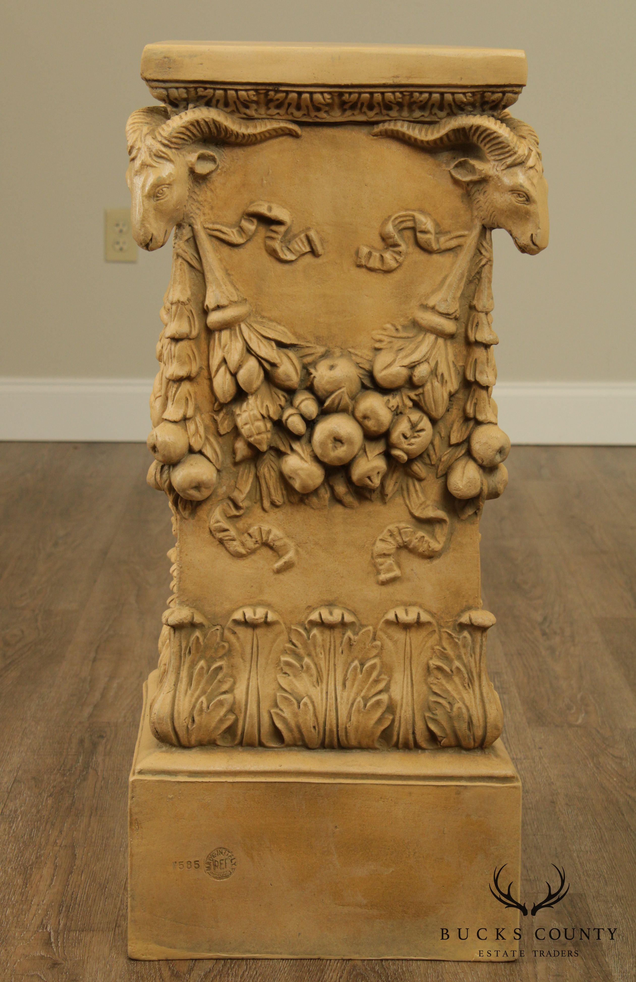 Impruneta Italian Renaissance Style Vintage Carved Column Pedestal with Rams Heads