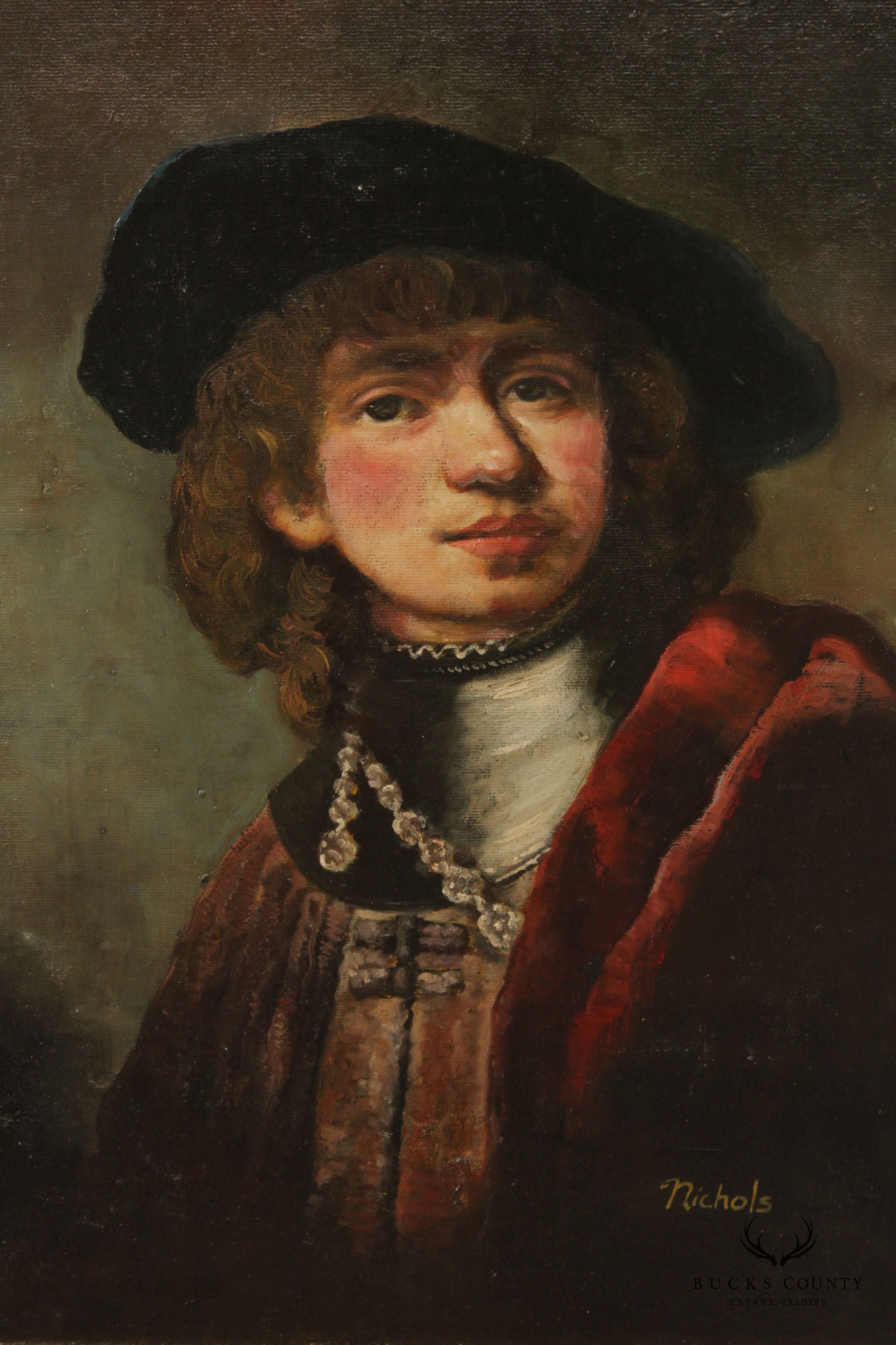 Self Portrait Oil Painting After Rembrandt, Signed 'Nichlos'