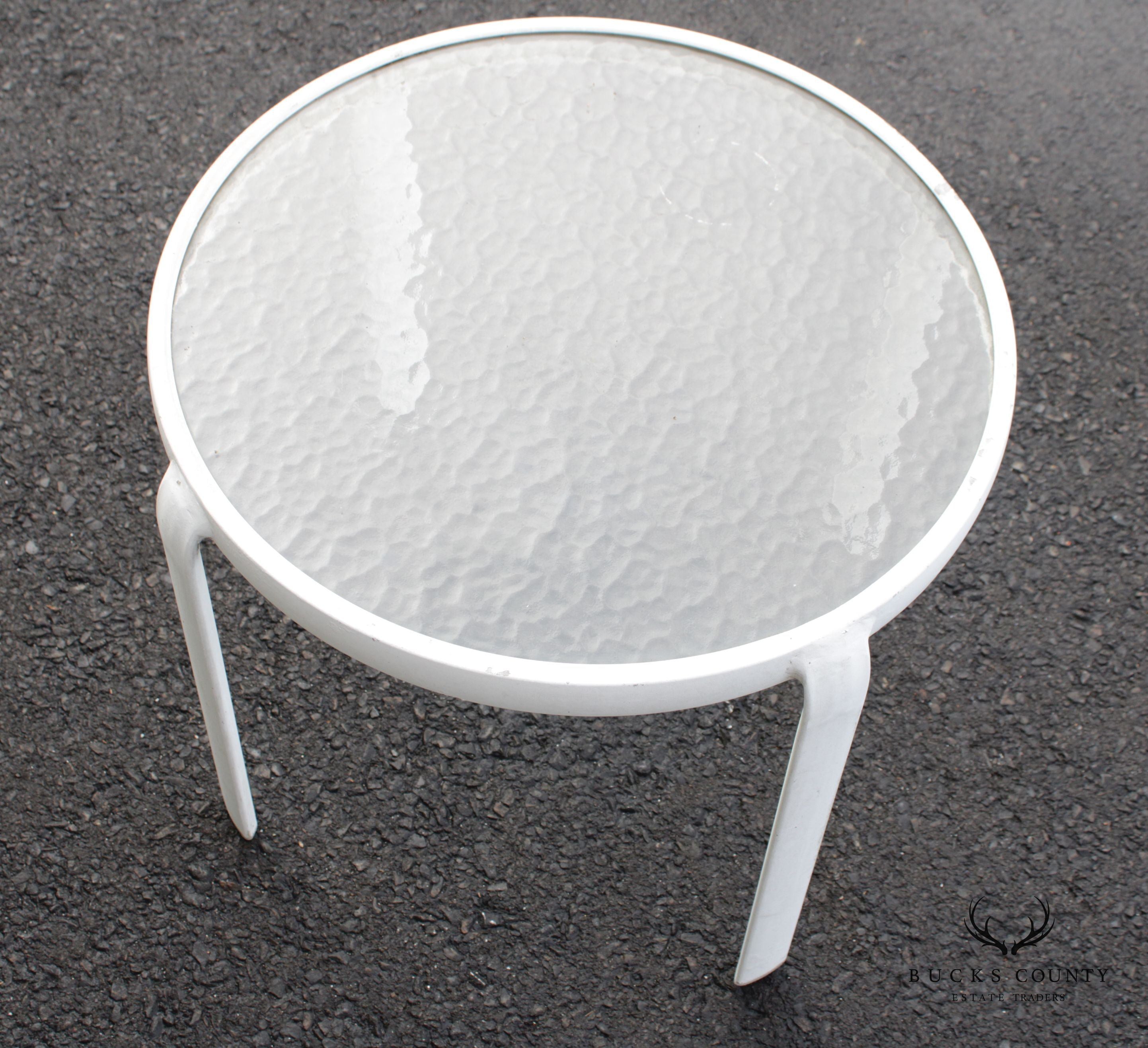 Vintage Aluminum and Glass Round Outdoor Patio End Table (A)