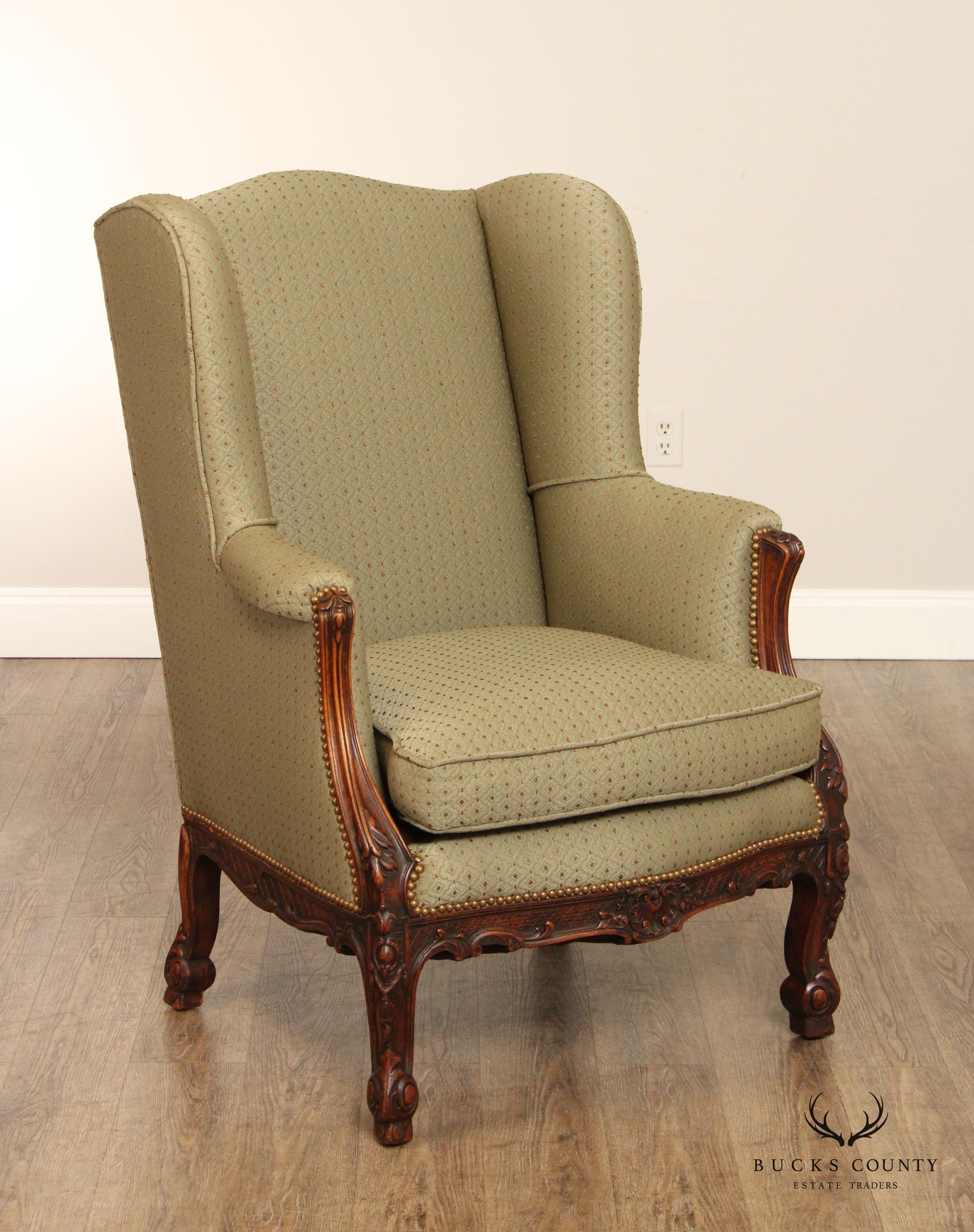 French Rococo Style Antique Carved Walnut Frame Wing Back Chair