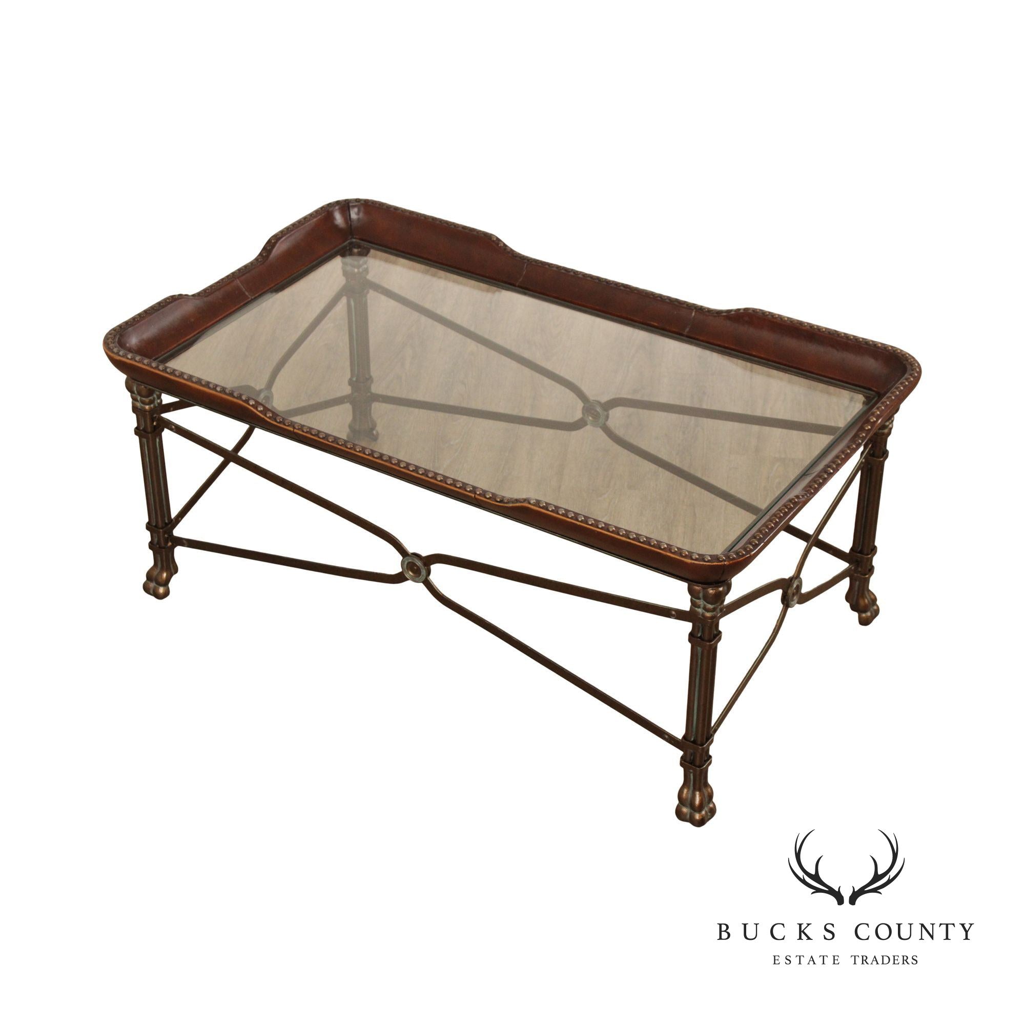 Maitland Smith Regency Style Leather Wrapped Glass Top Coffee Table