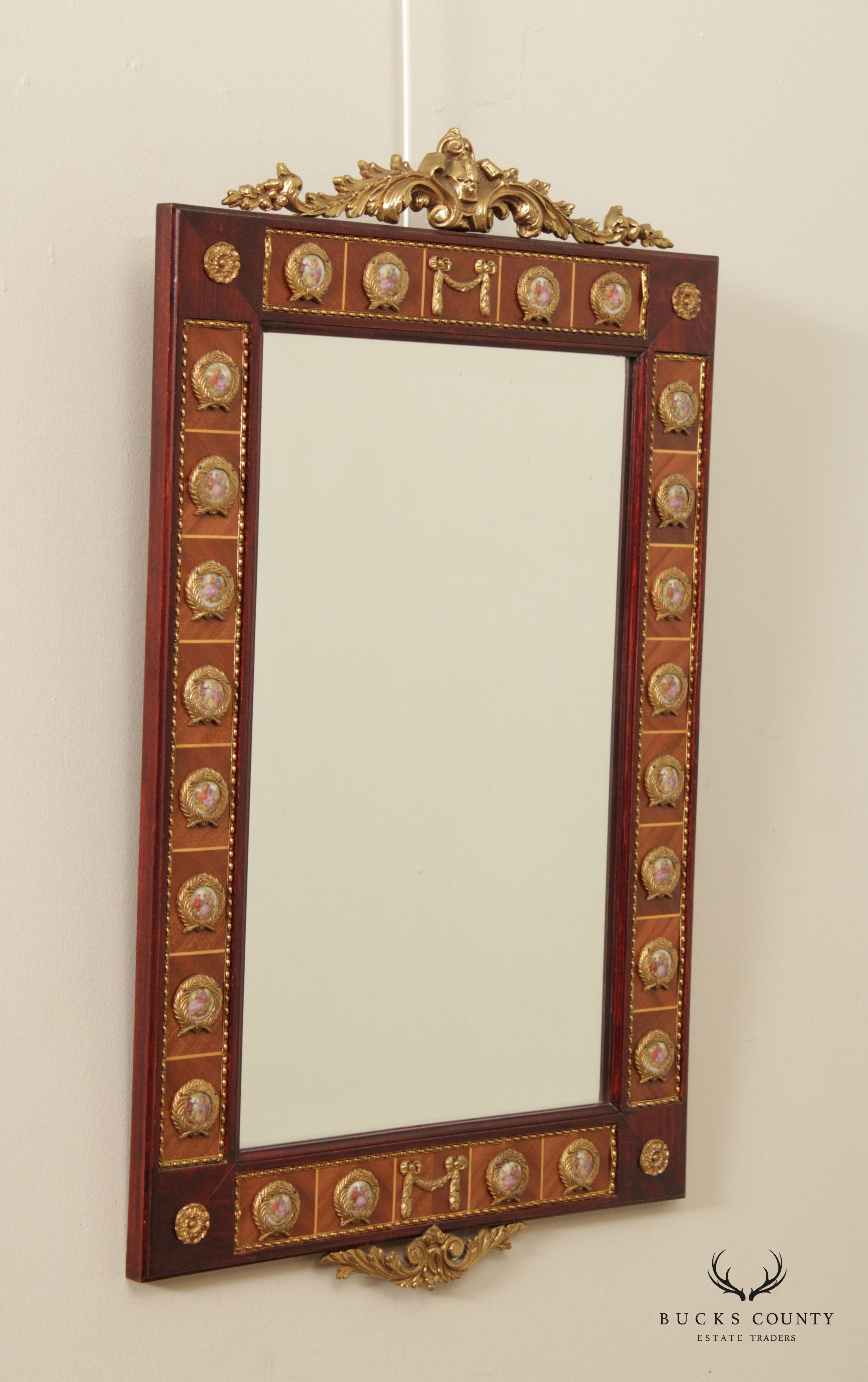 Italian Louis XV Neoclassical Style Mahogany and Brass Console Mirror With Porcelain Plaques