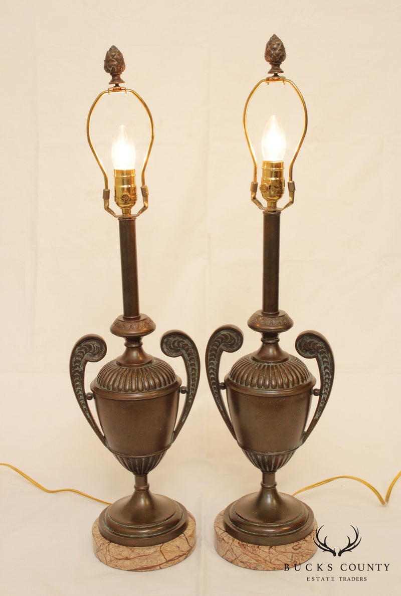 Morgan Hill Pair Bronze Marble Base Urn Table Lamps