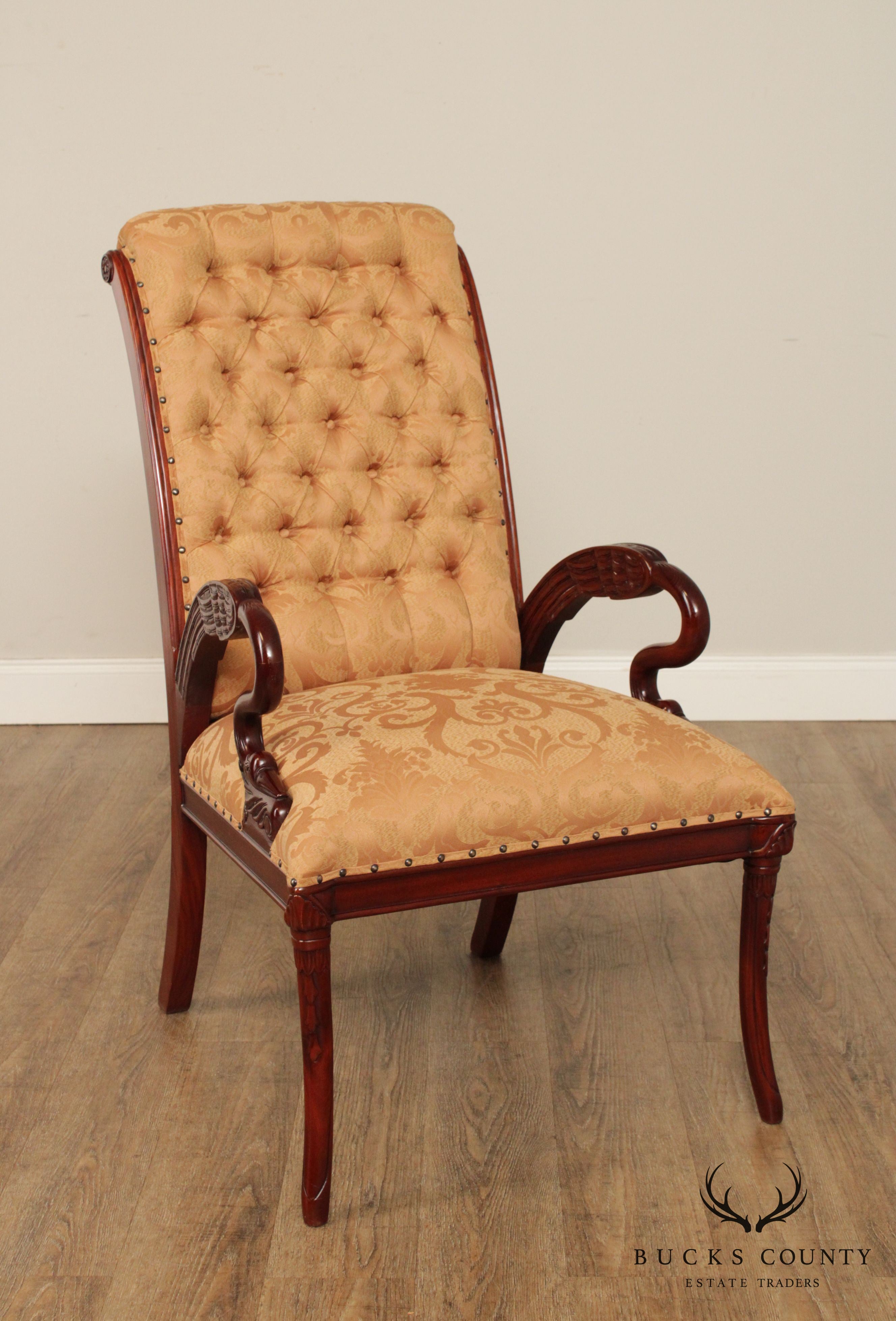 French Regency Style Pair Carved Mahogany Frame Armchairs