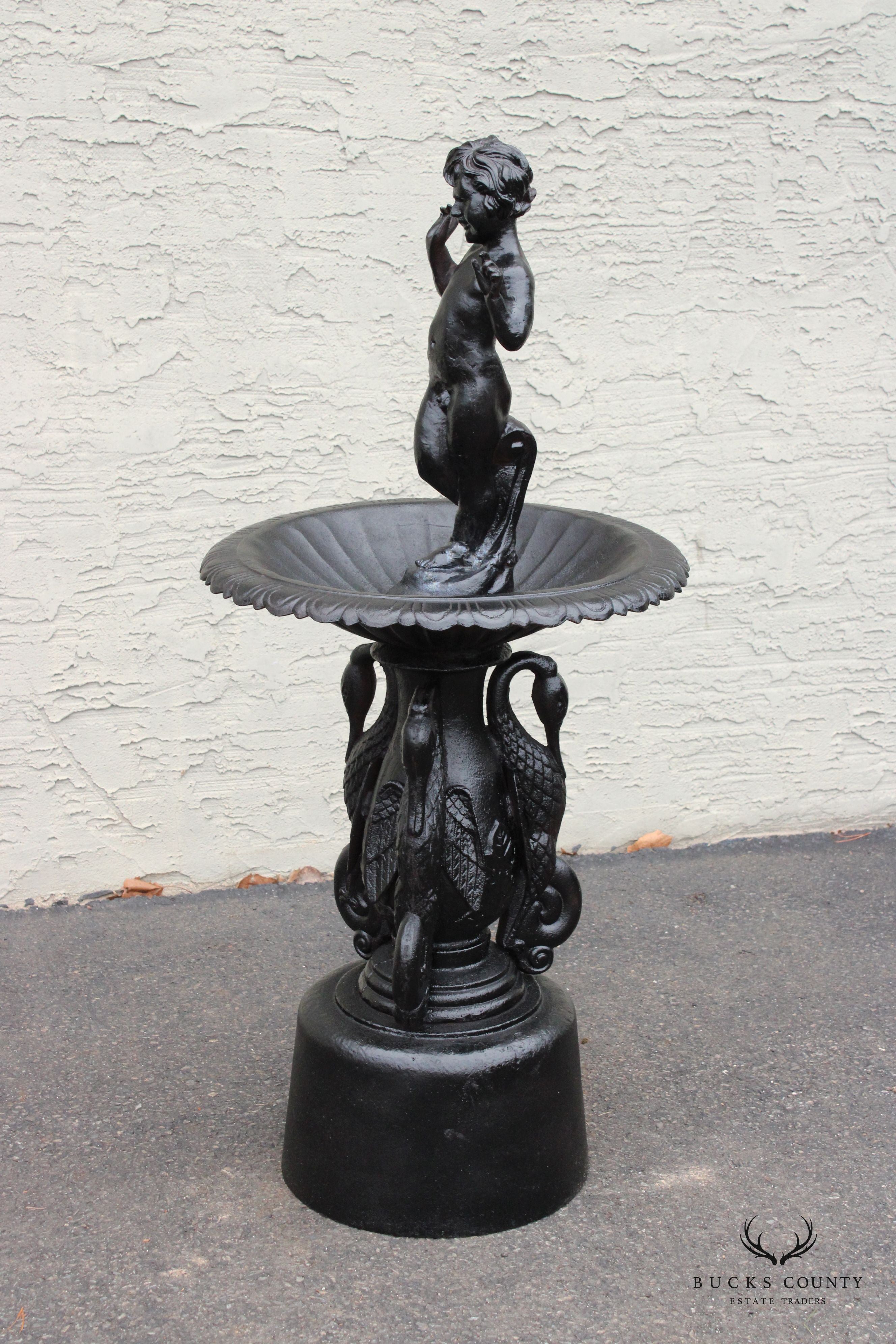 Neoclassical Style Cast Iron Cherub and Swan Garden Bird Bath