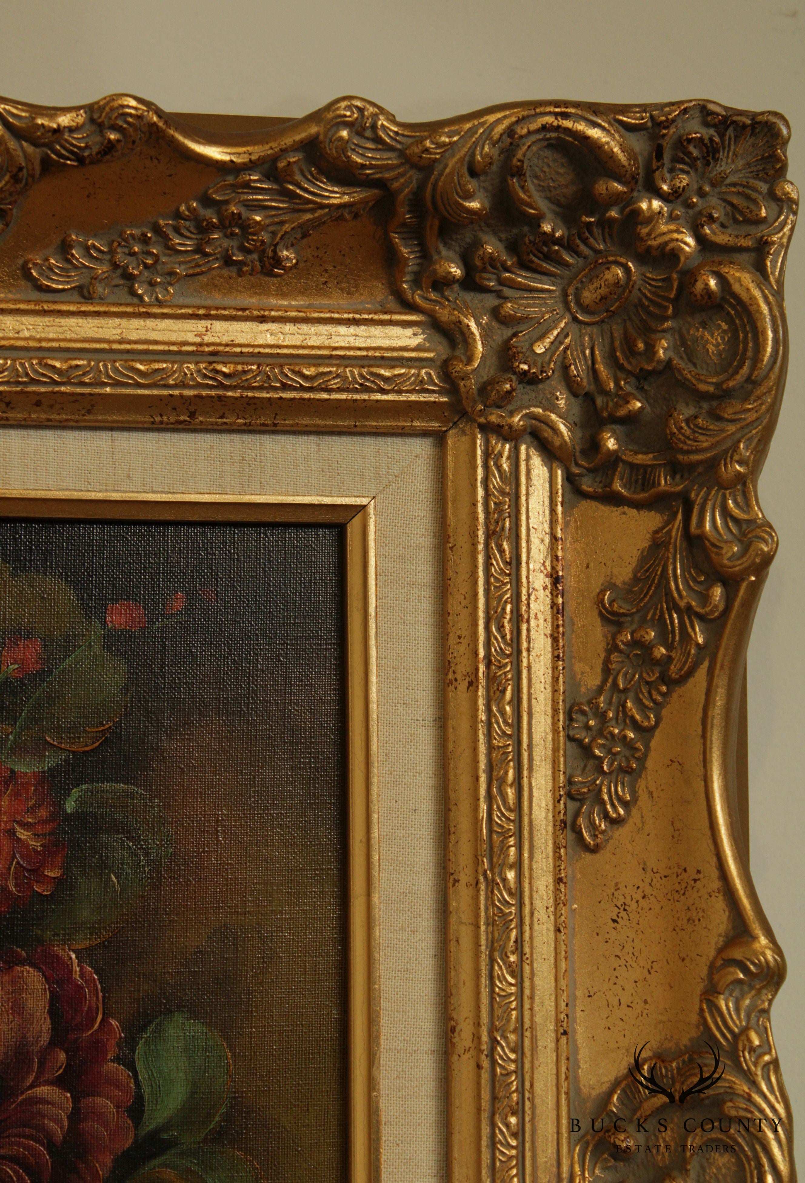 Artist Signed Gilt Frame Oil Painting on Canvas Flowers in Vase