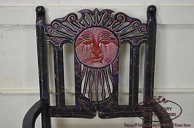 Custom Pair of Hand Painted Mexican Sun Gods Carved Rush Seat Arm Chairs