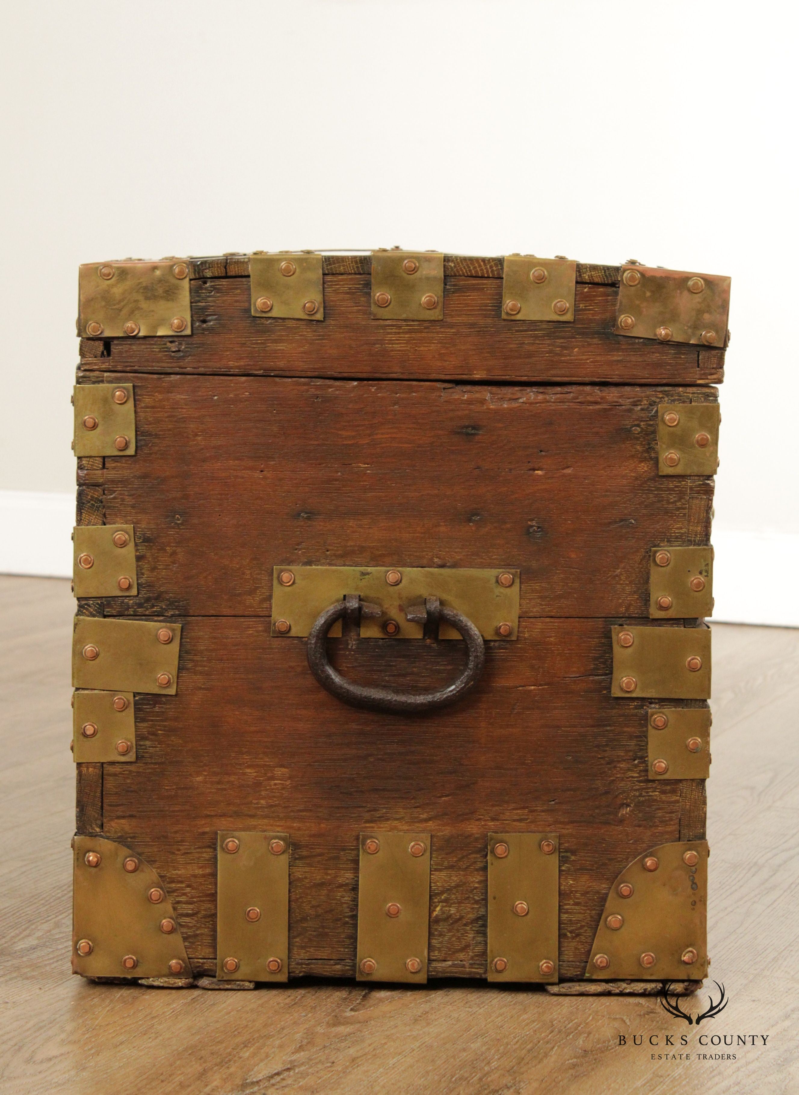 Antique Campaign Style Brass Strapped Trunk Chest