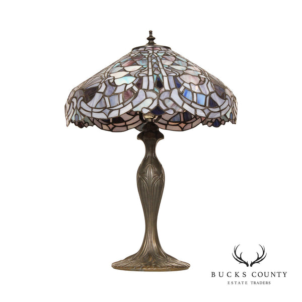 Art Nouveau Style Bronze Table Lamp with Art Glass Shade