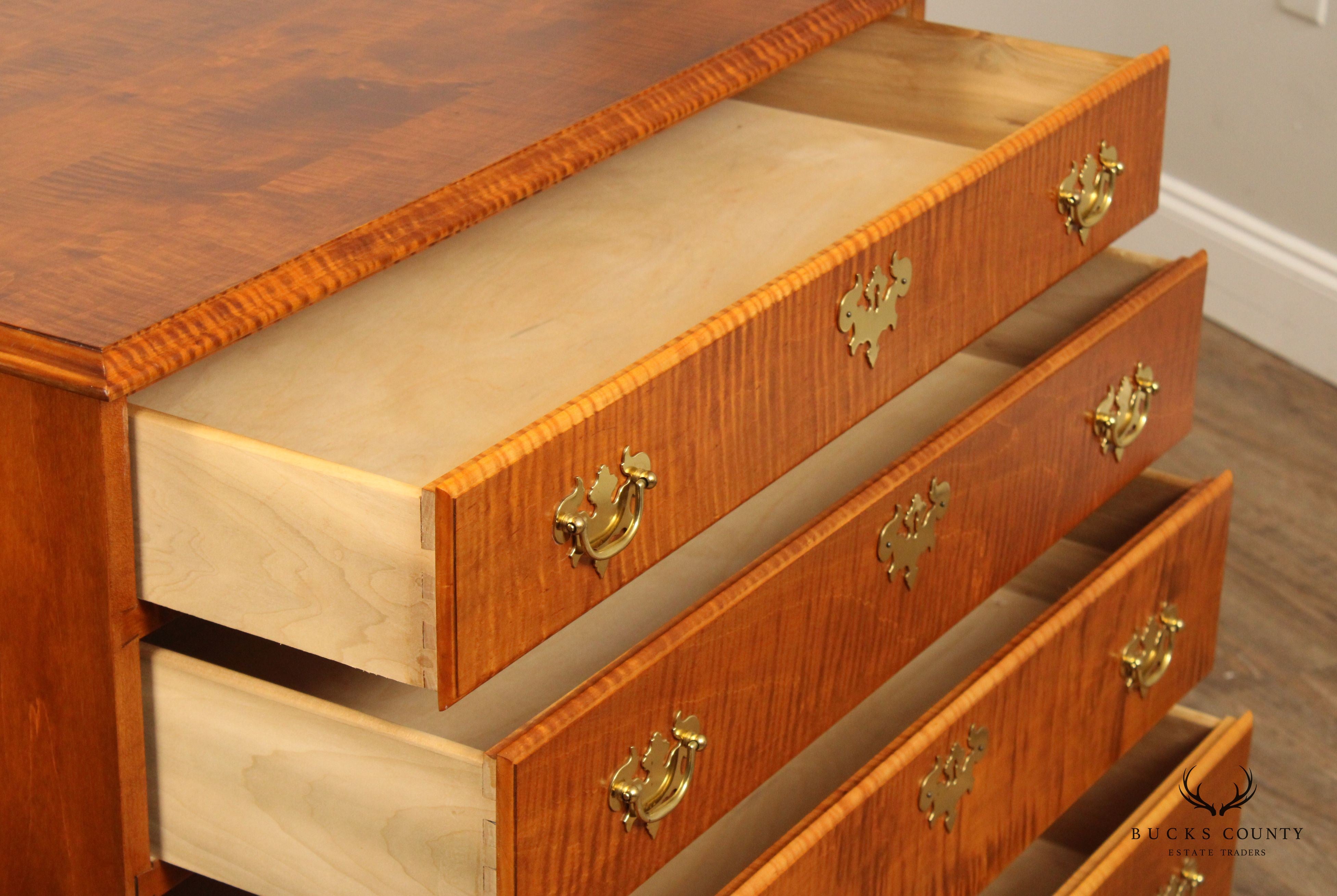 Tiger Maple Custom Crafted Chippendale Style Chest Of Drawers