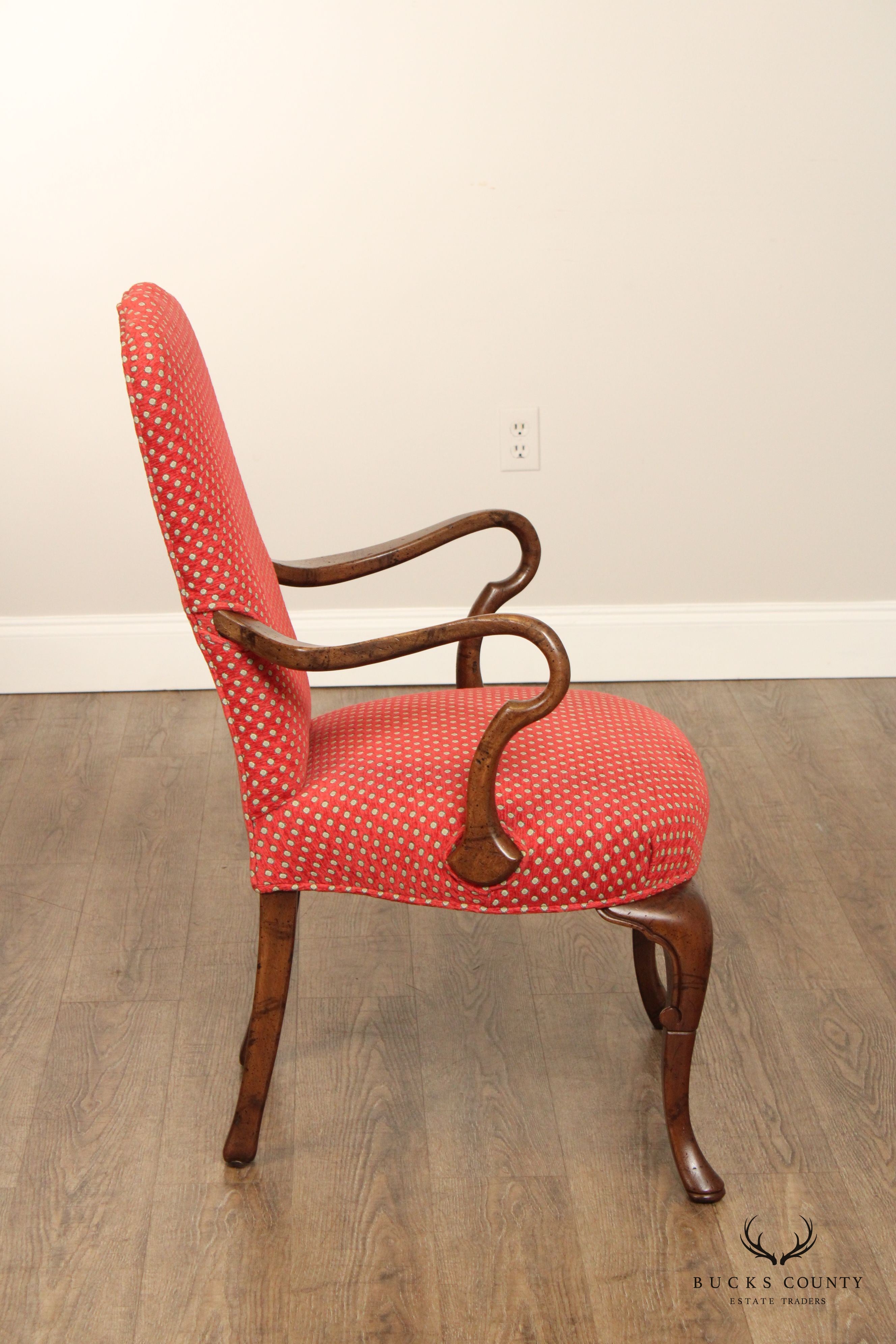 Queen Anne Style Mahogany Shepherd’s Crook Armchair With Custom Upholstery