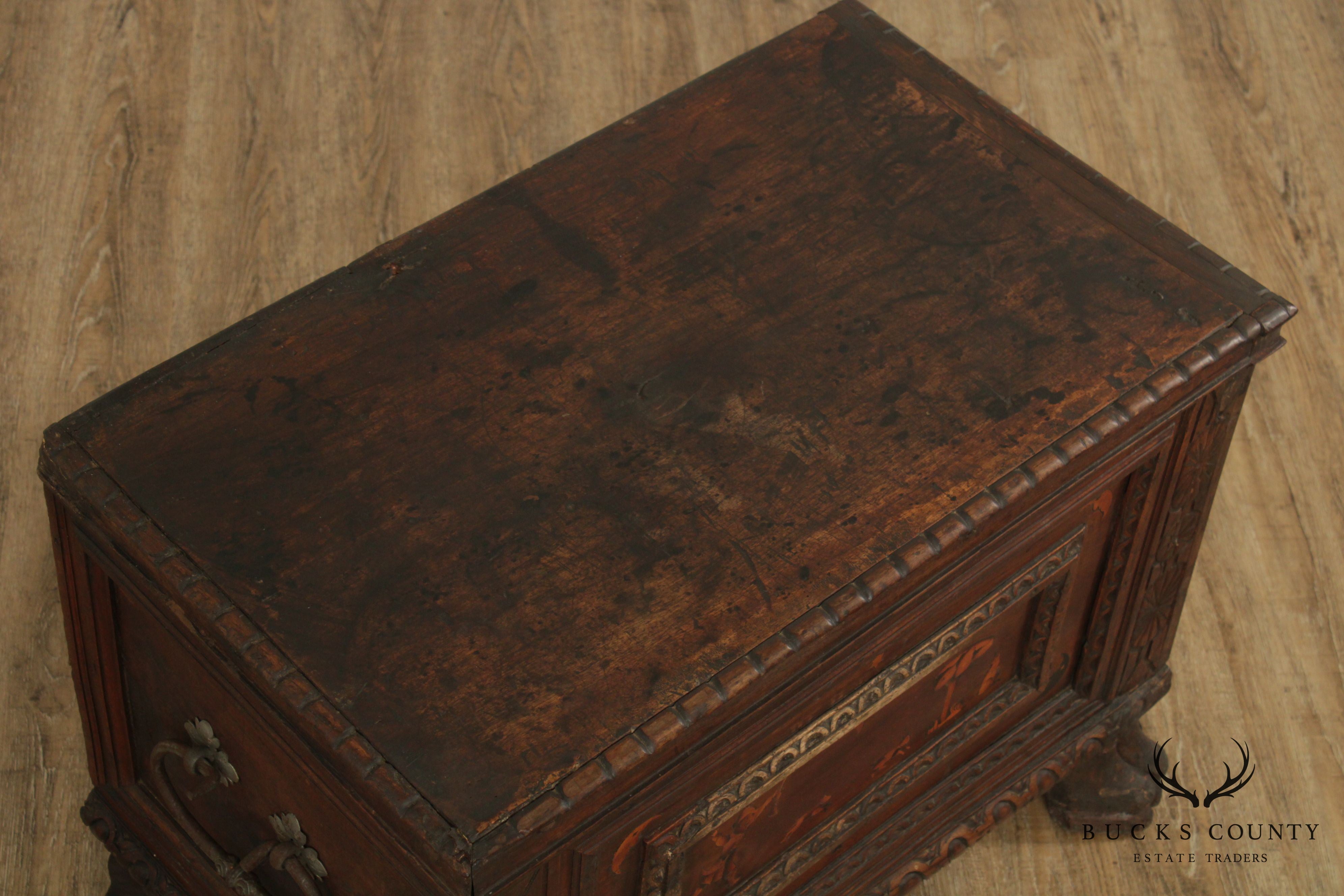 Antique Italian Renaissance Walnut Inlaid Cassone Chest