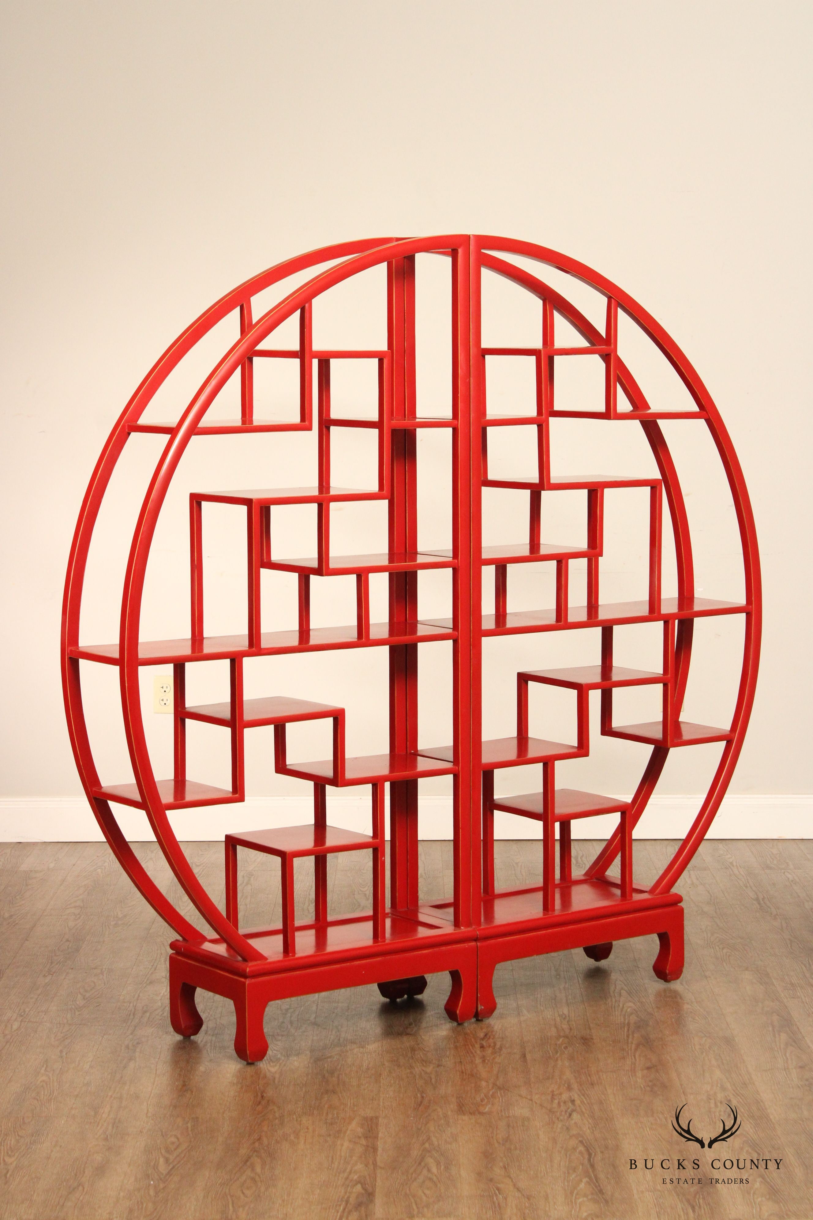 Asian Style Red Painted Round Two Part Room Divider Etagere