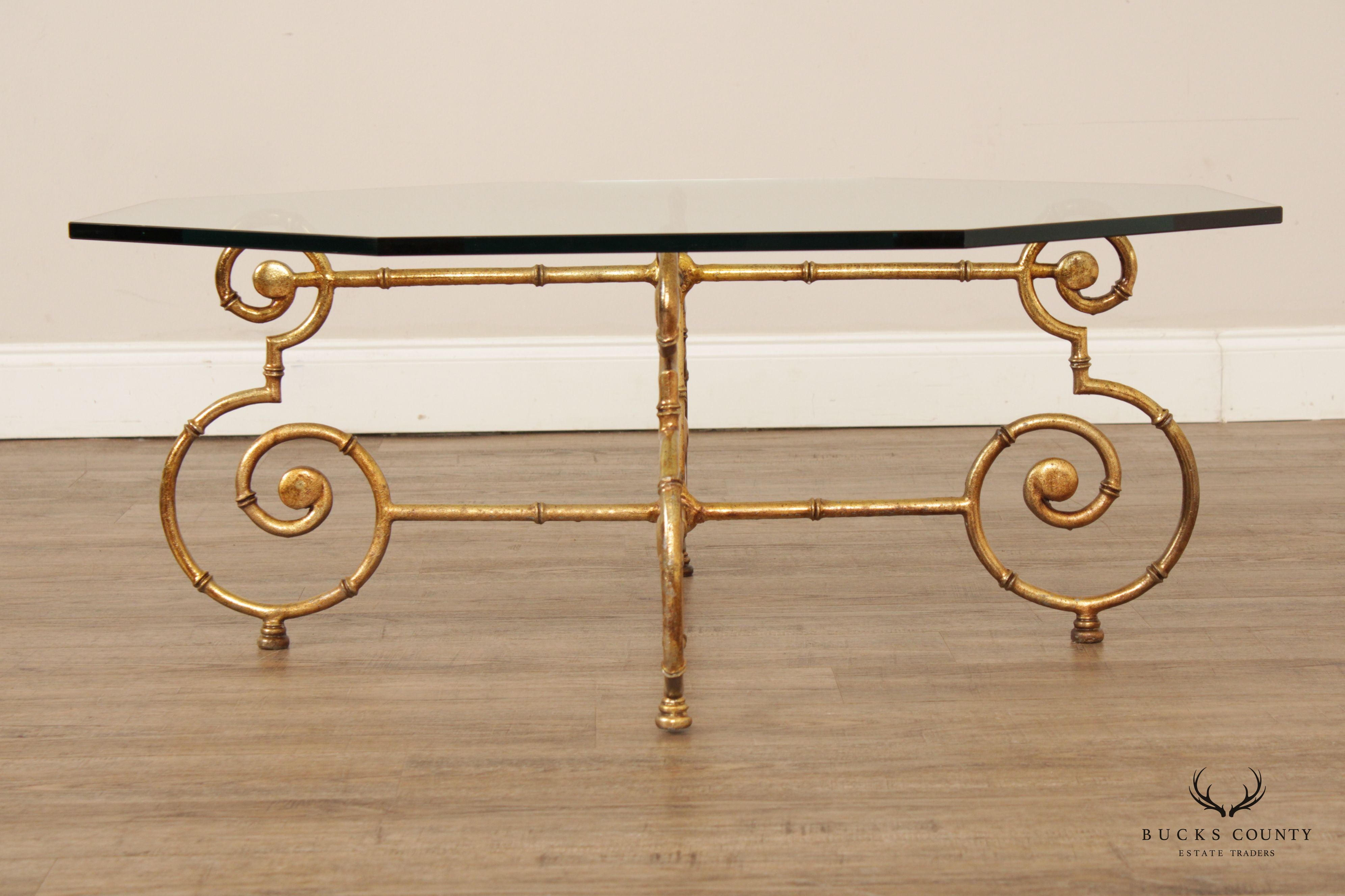 Hollywood Regency Faux Bamboo Gilt Metal Glass Top Coffee Table