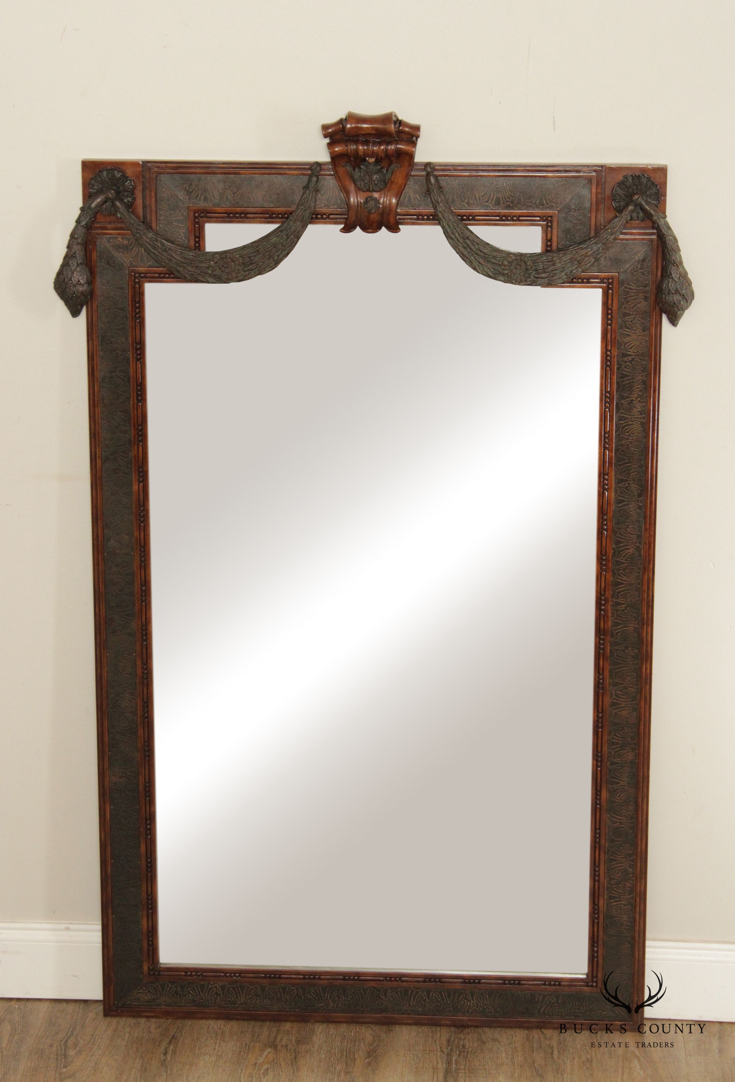 LaBarge Renaissance Style Mahogany And Bronze Swag Wall Mirror