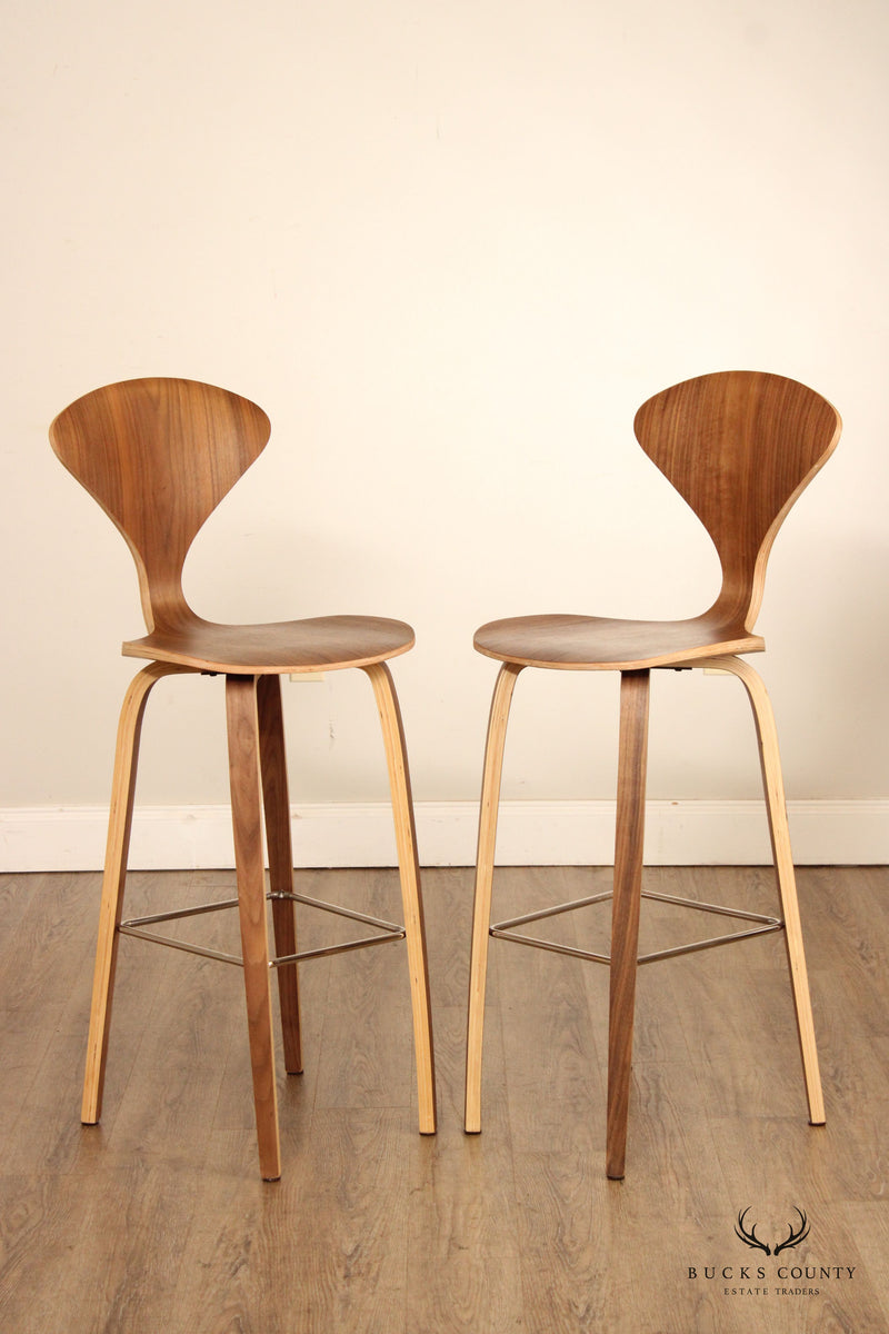 Norman Cherner Style Pair Modern Walnut Bentwood Barstools