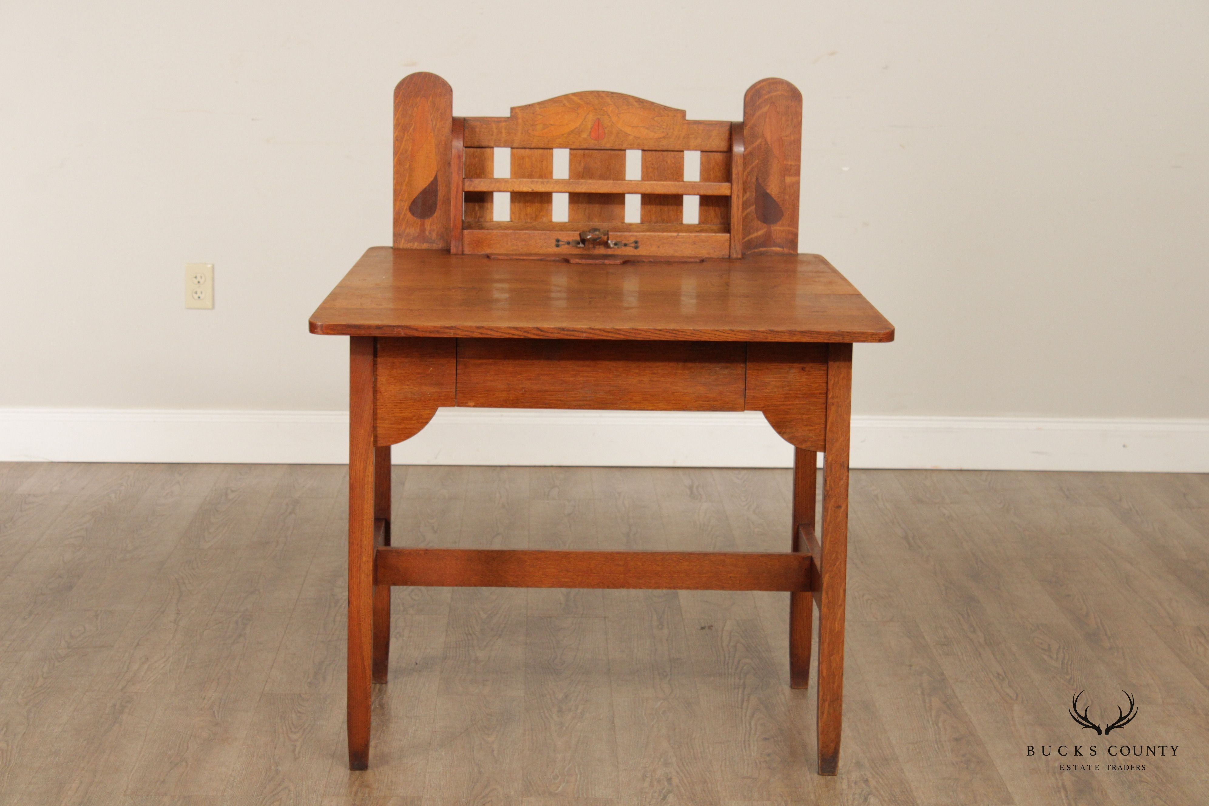 Stickley Brothers Quaint Antique Arts & Crafts Oak Inlaid Writing Desk