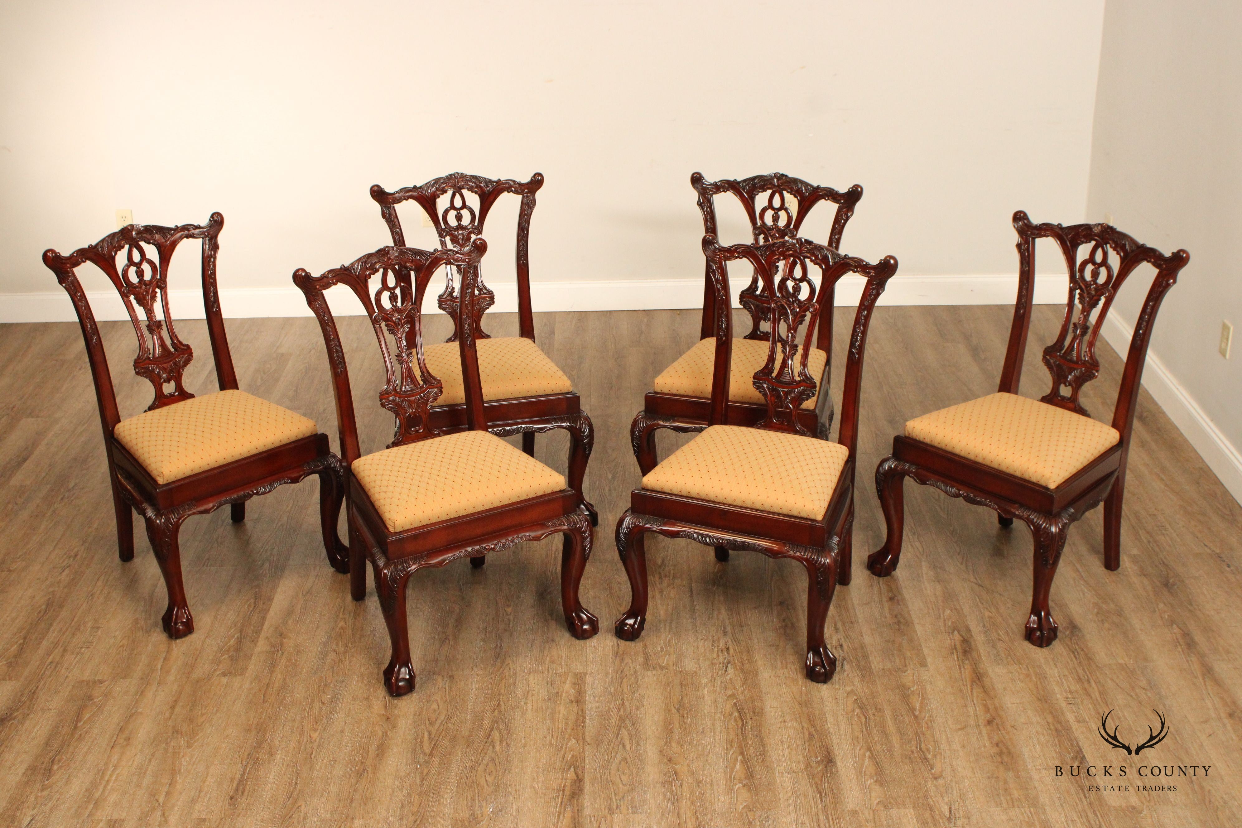Hickory White Chippendale Style Set of Six Carved Mahogany Dining Chairs