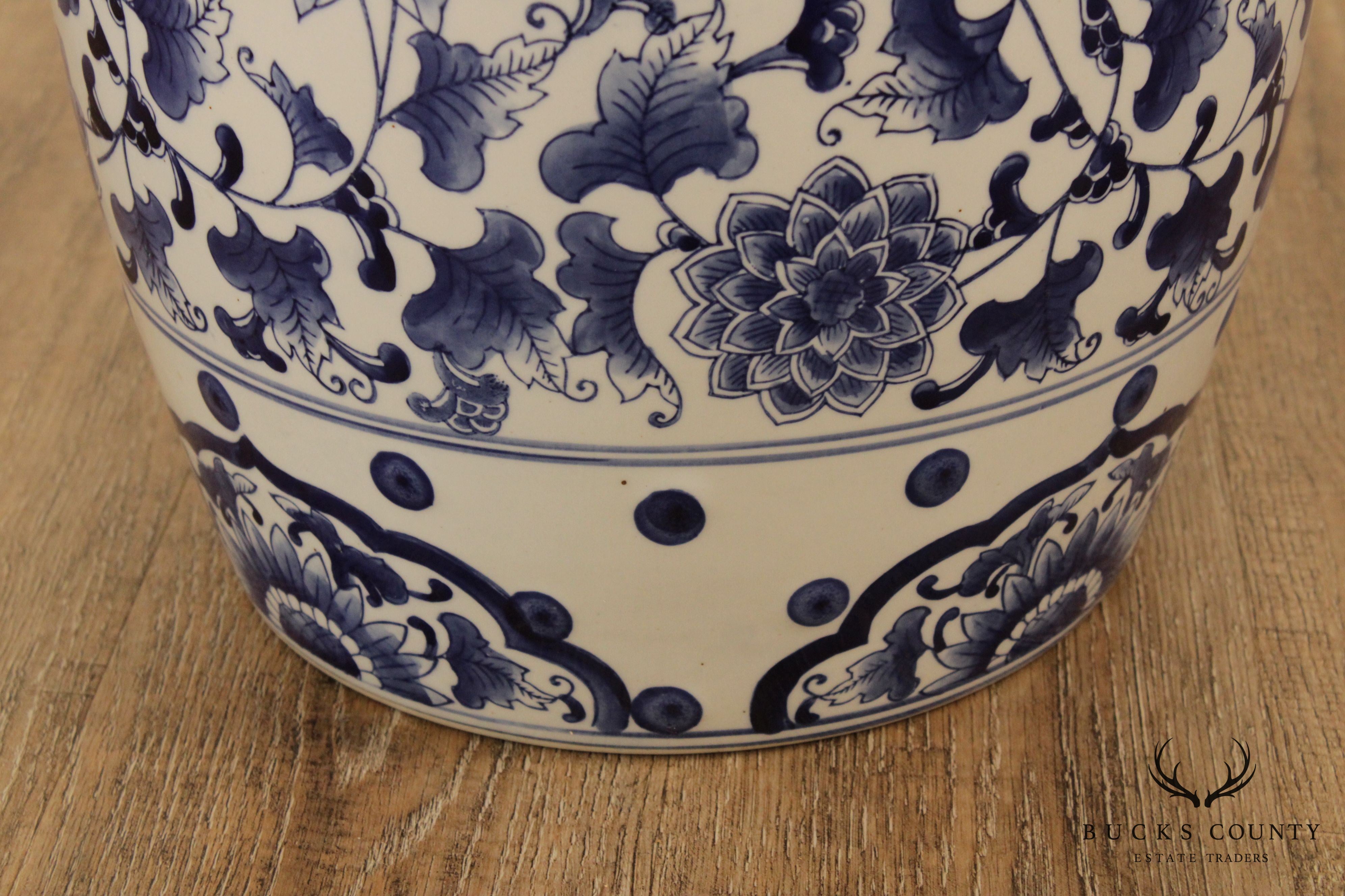 Vintage Asian Inspired Blue and White Porcelain Garden Stool