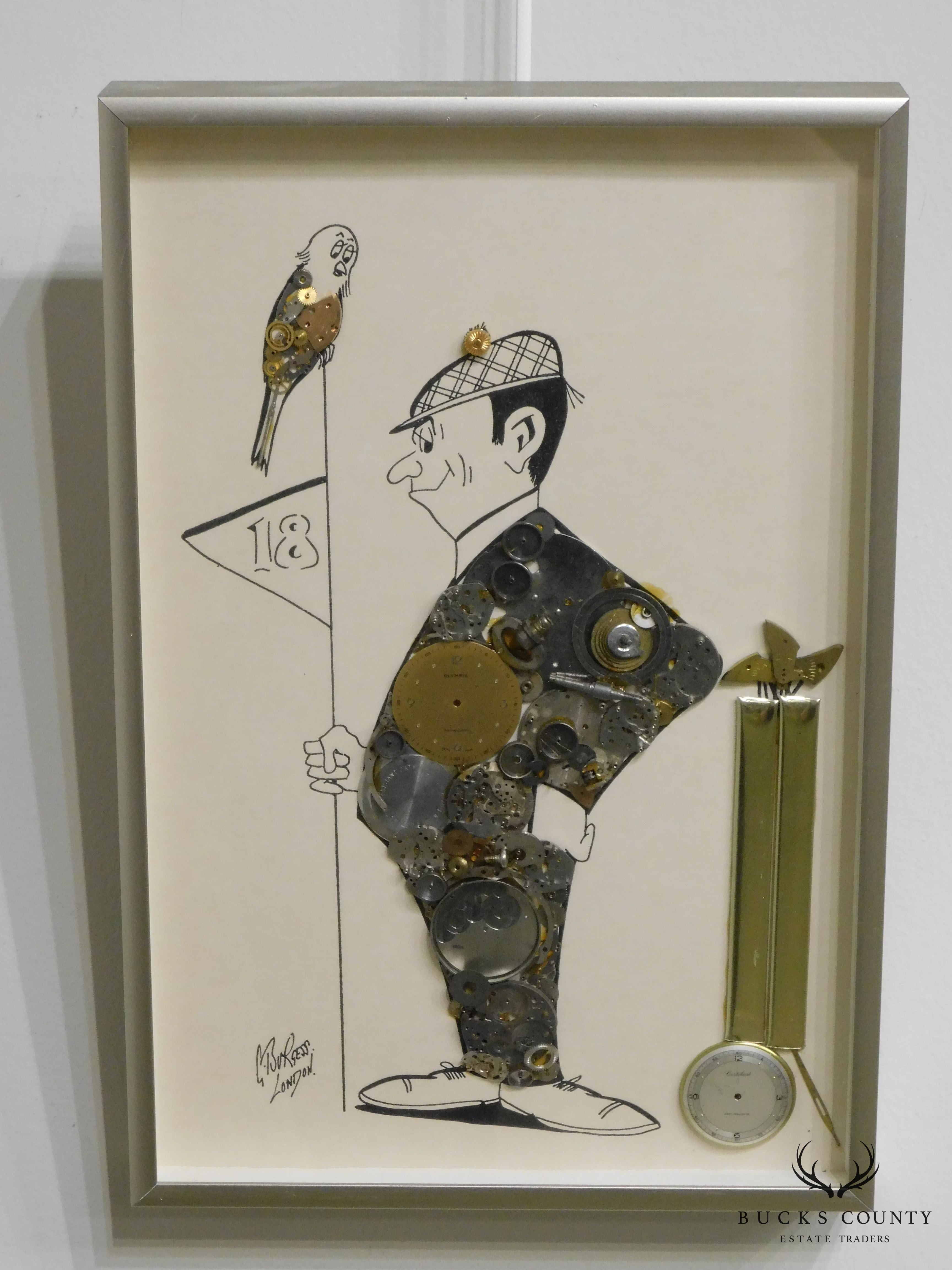 Framed Horological Collage Signed G. Burgess, London. Golfer at 18th Hole with Birdie